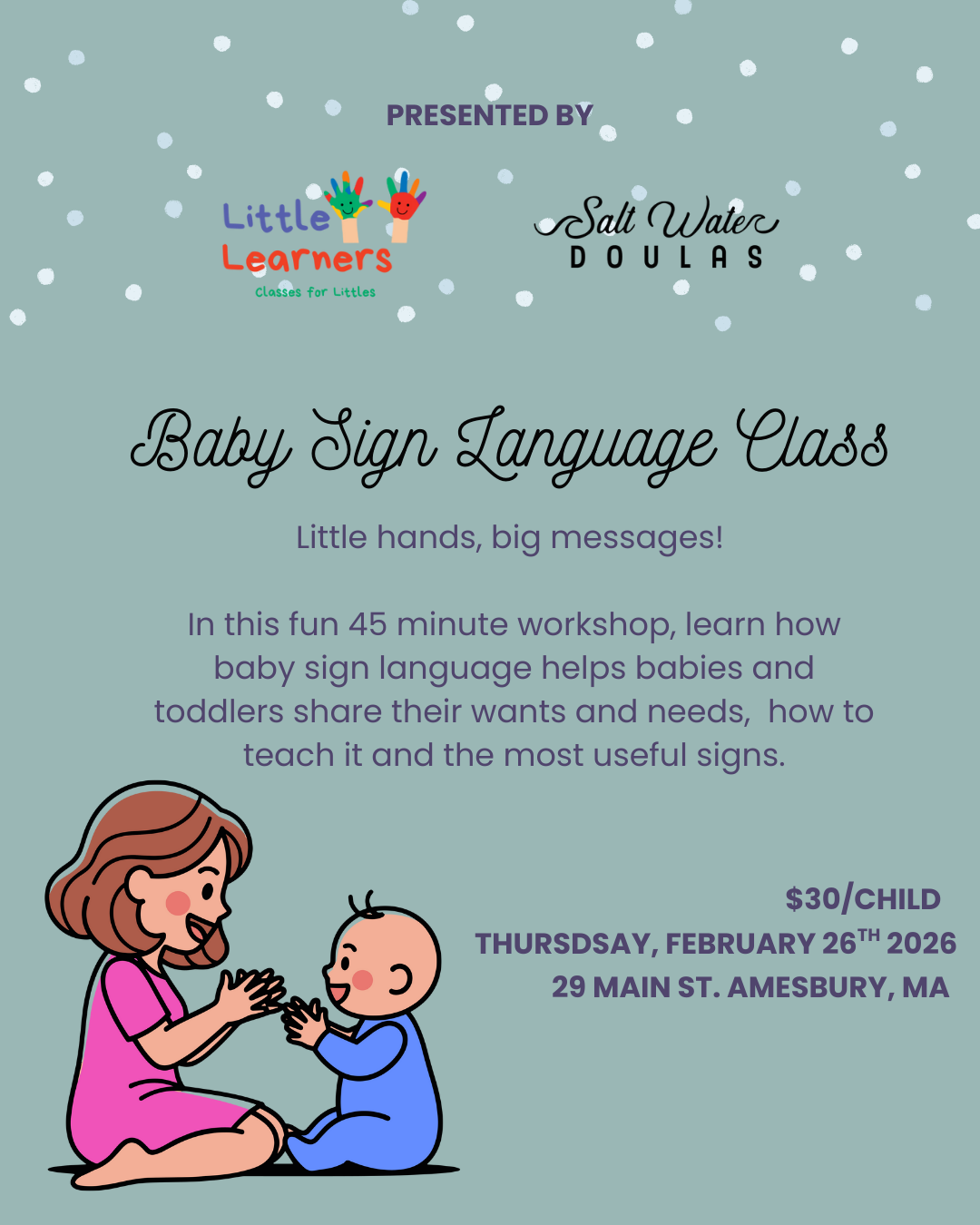 Baby surrounded by flowers and class description