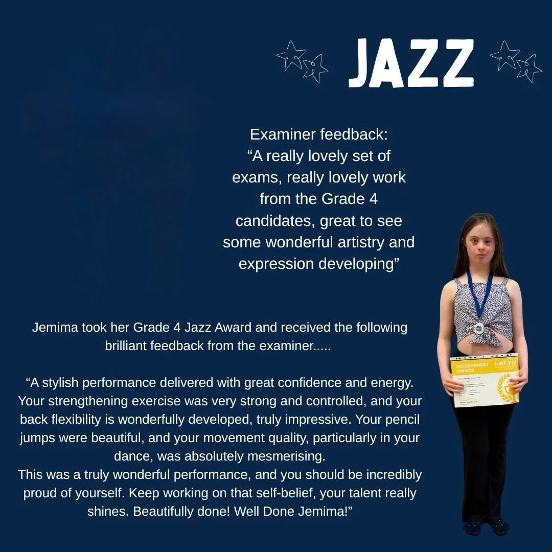 Jemima being praised for her Jazz Dance grade 3 achievement.