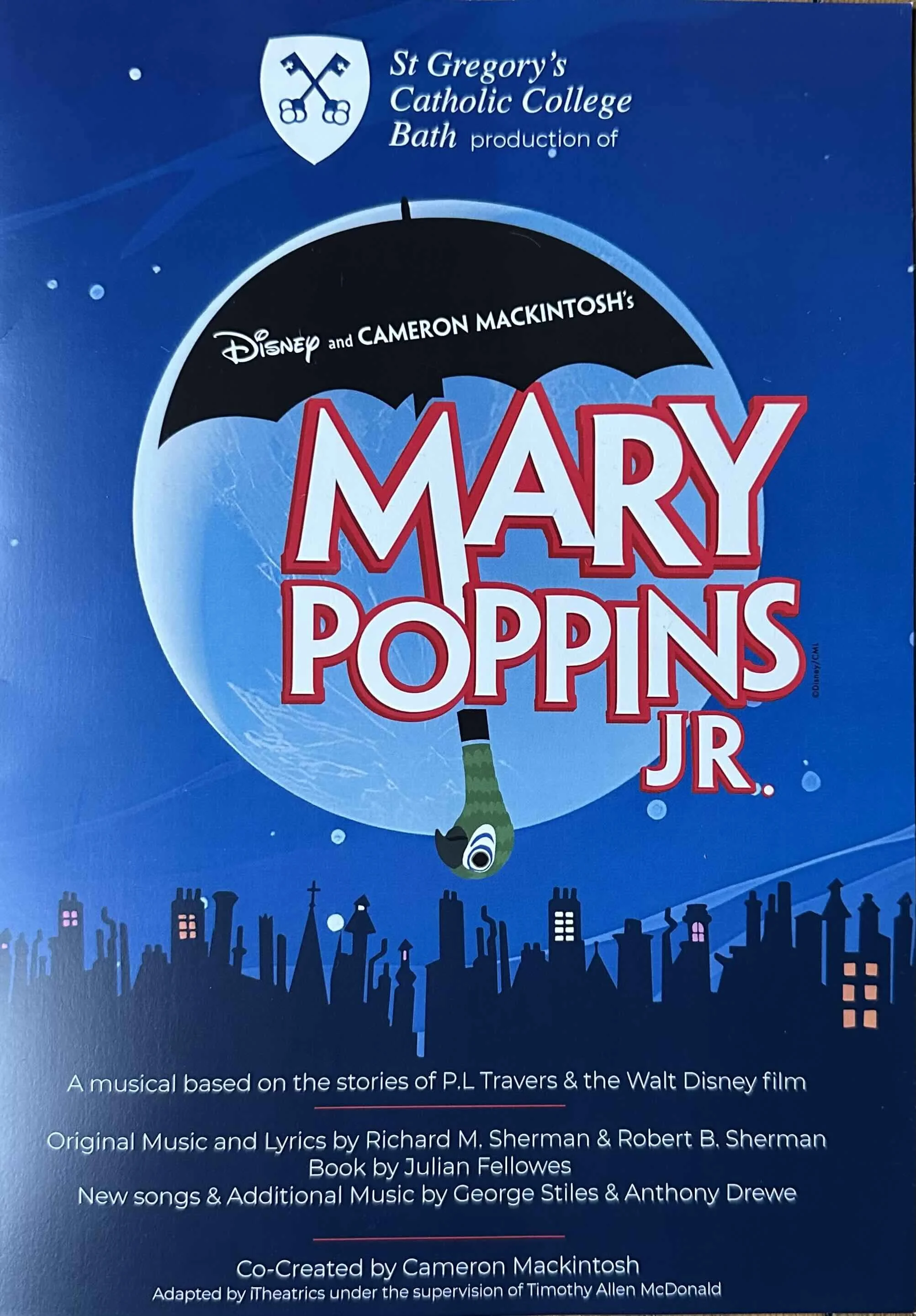 Promotional poster for the musical 'Mary Poppins Jr.' at Saint Gregory's Bath
