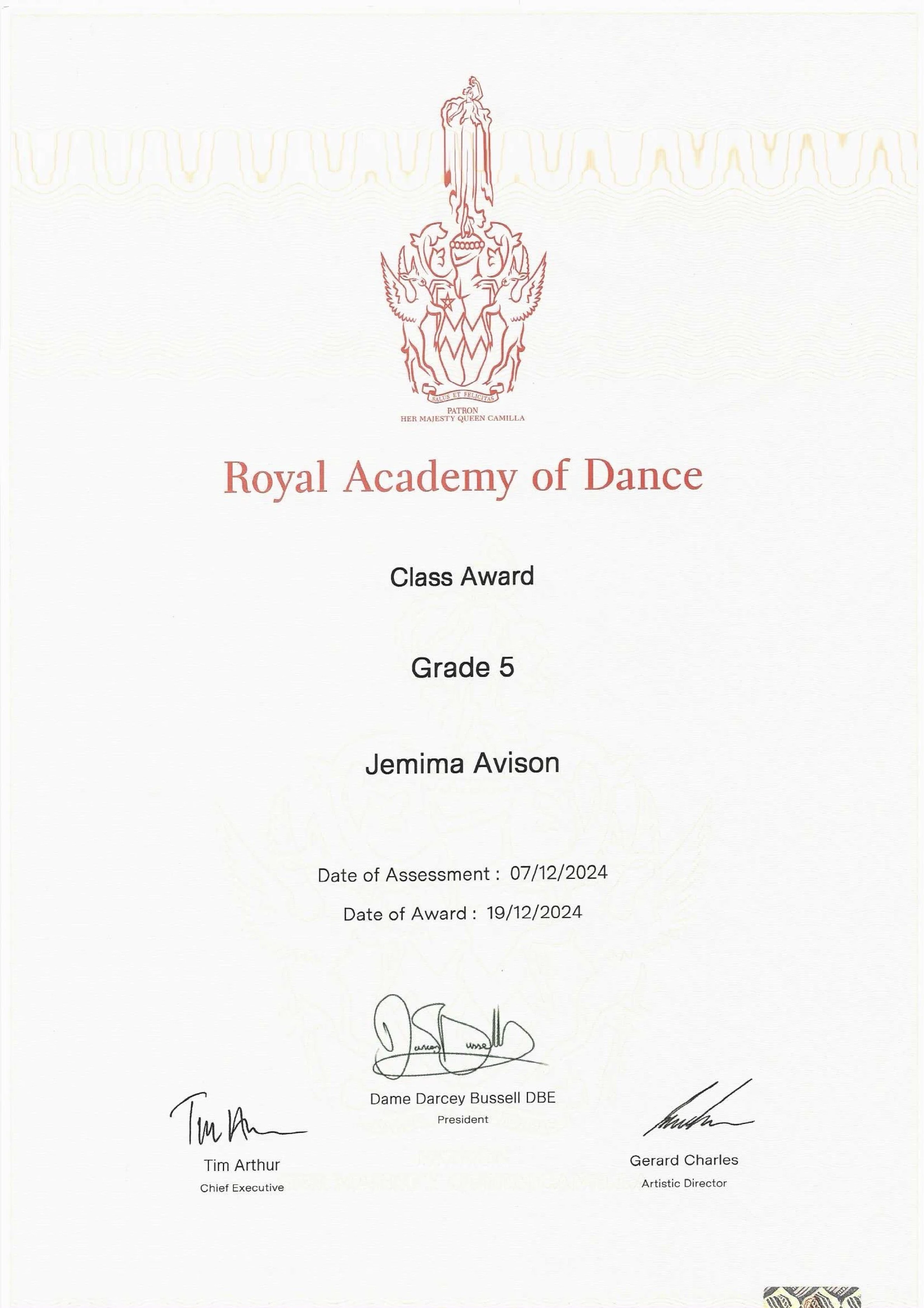 Royal Academy of Dance class award certificate for Jemima Avison, Grade 5, with signatures and signatures of dame Darcey Bussell, Tim Arthur, and Gerard Charles. The certificate is dated December 19, 2024.