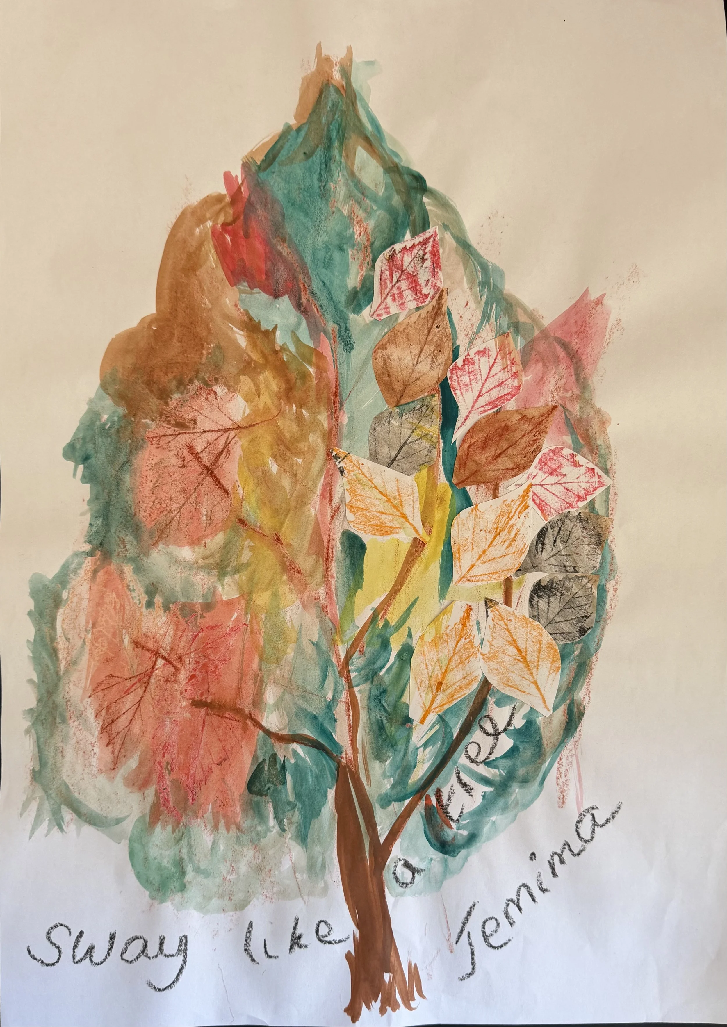A colorful painting of a tree with a mix of green, orange, brown, and pink leaves. Some leaves appear to be real and cut-out, added to the painting. The words "sway like a jasmine" are written at the bottom in black handwriting.