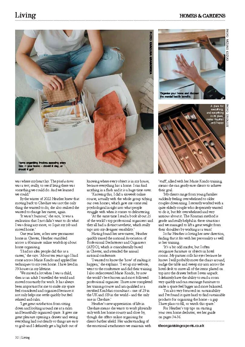 Magazine page with three photos related to home organization and decor, featuring a person arranging items, a hand opening a kitchen drawer, and a drawer with neatly organized cutlery.