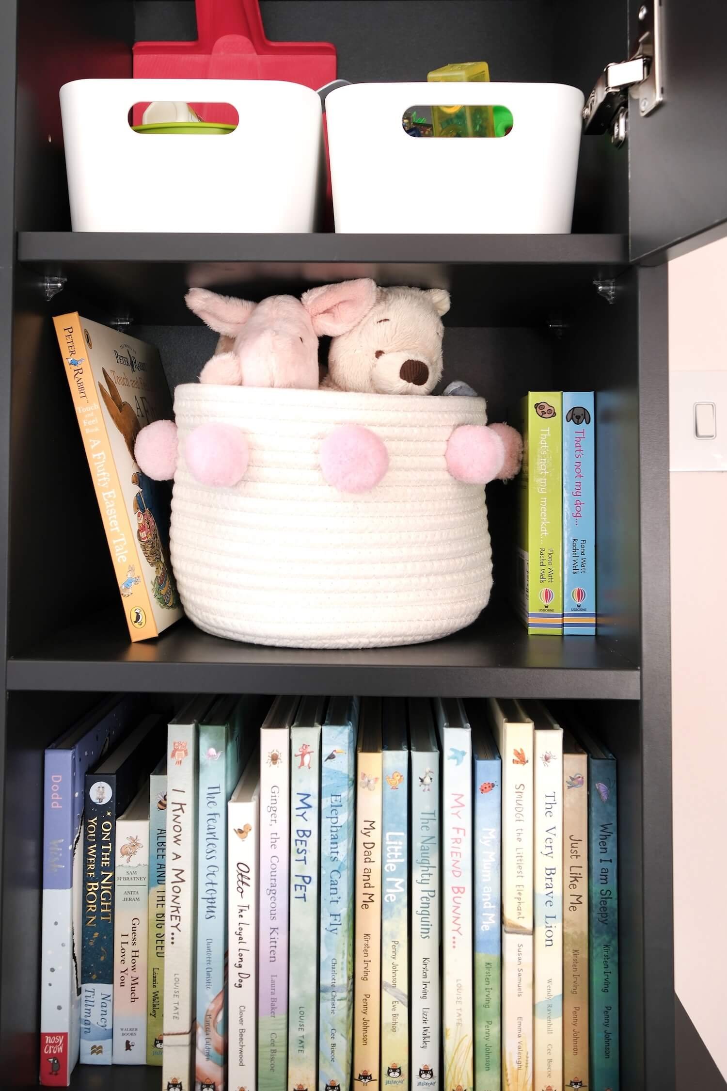 Baby books and toys arranged neatly on shelves in a playroom. 