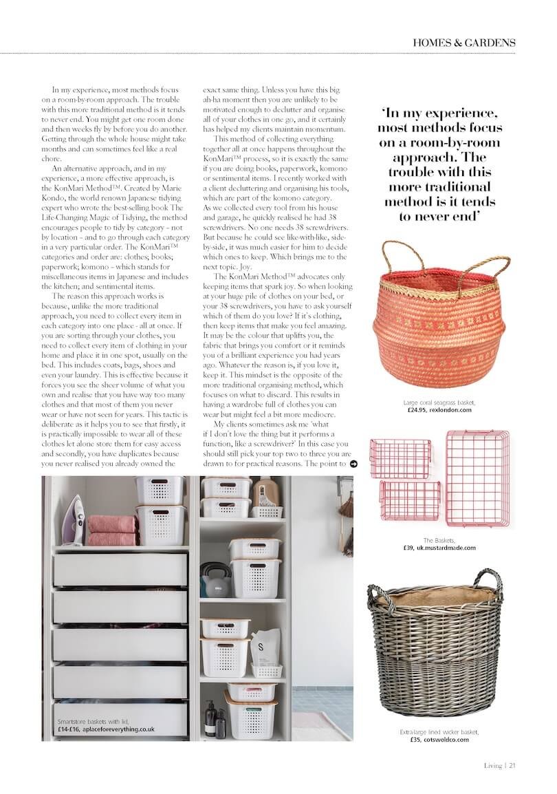A magazine page featuring organized home storage solutions. The left side shows a closet with various baskets, drawers, and shelves holding towels, bottles, and miscellaneous items. The right side displays three baskets: a large coral seagrass basket, priced at £24.95 from rexlondon.com; three pink wire baskets from uk.mustardmade.com priced at £39; and an extra-large lined wicker basket from cotswoldco.com priced at £35.