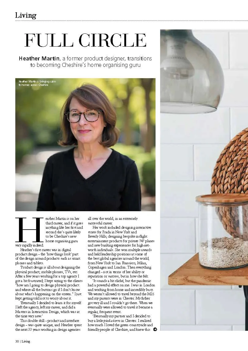 Magazine article titled 'Full Circle' featuring Heather Martin, a woman with glasses and shoulder-length hair, standing outdoors with trees in the background, smiling.