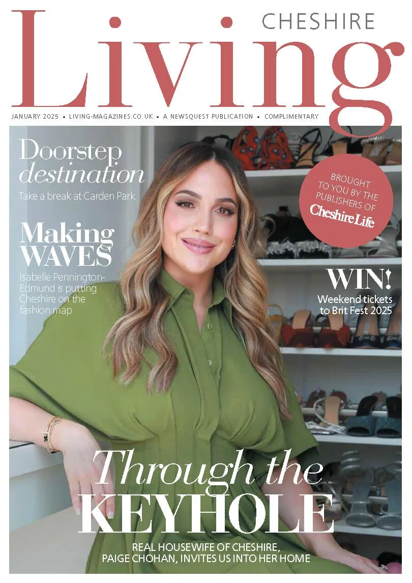 Magazine cover titled 'Cheshire Living' from January 2025 featuring a woman with long blonde hair wearing a green shirt, standing in front of shelves with shoes.