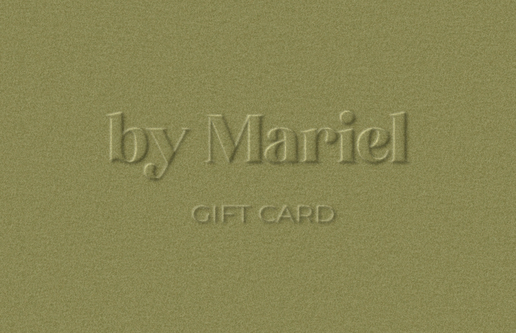 Green gift card with embossed text "by Mariel" and "Gift Card."