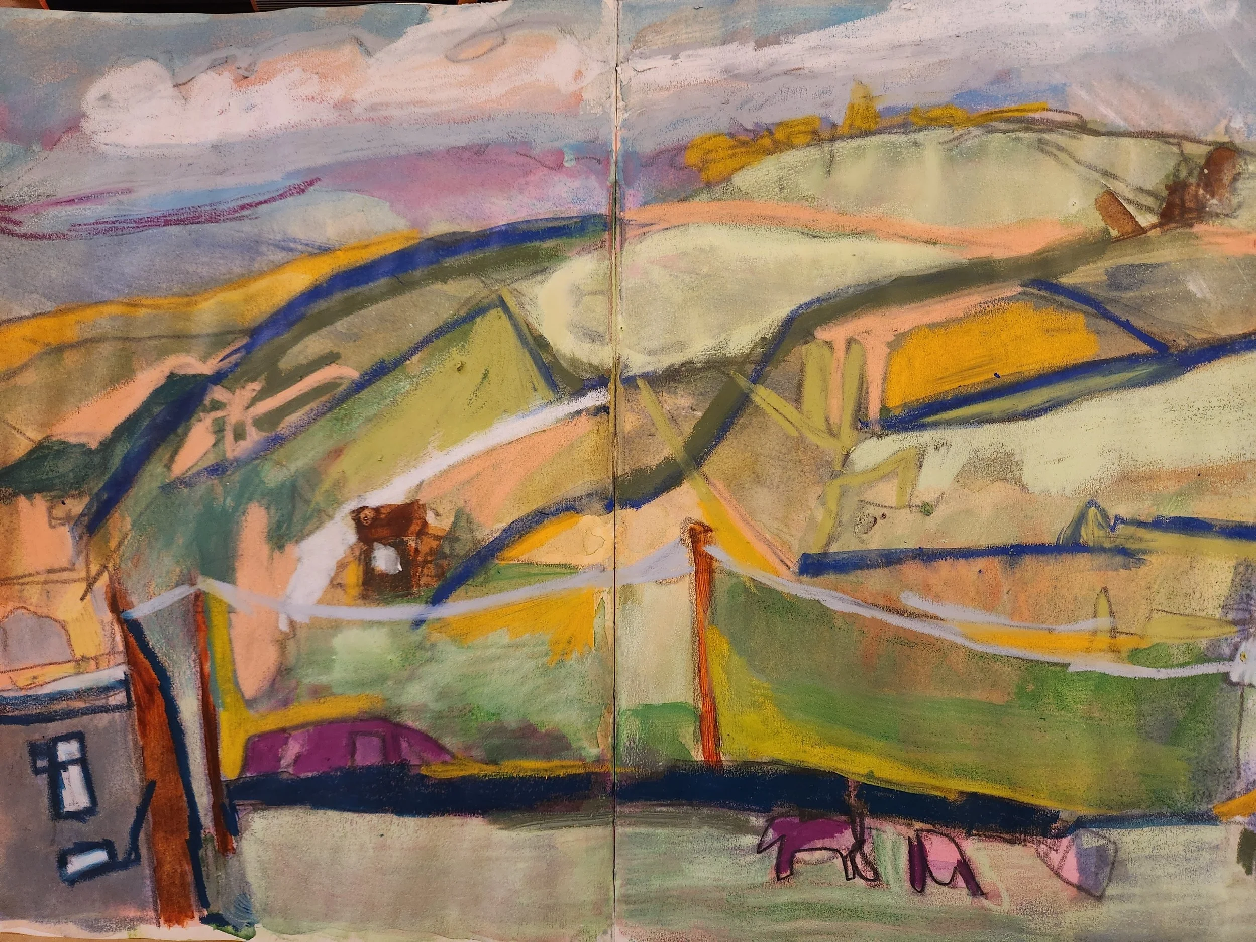 Ponies and hills at Sinderhope. Mixed media on paper