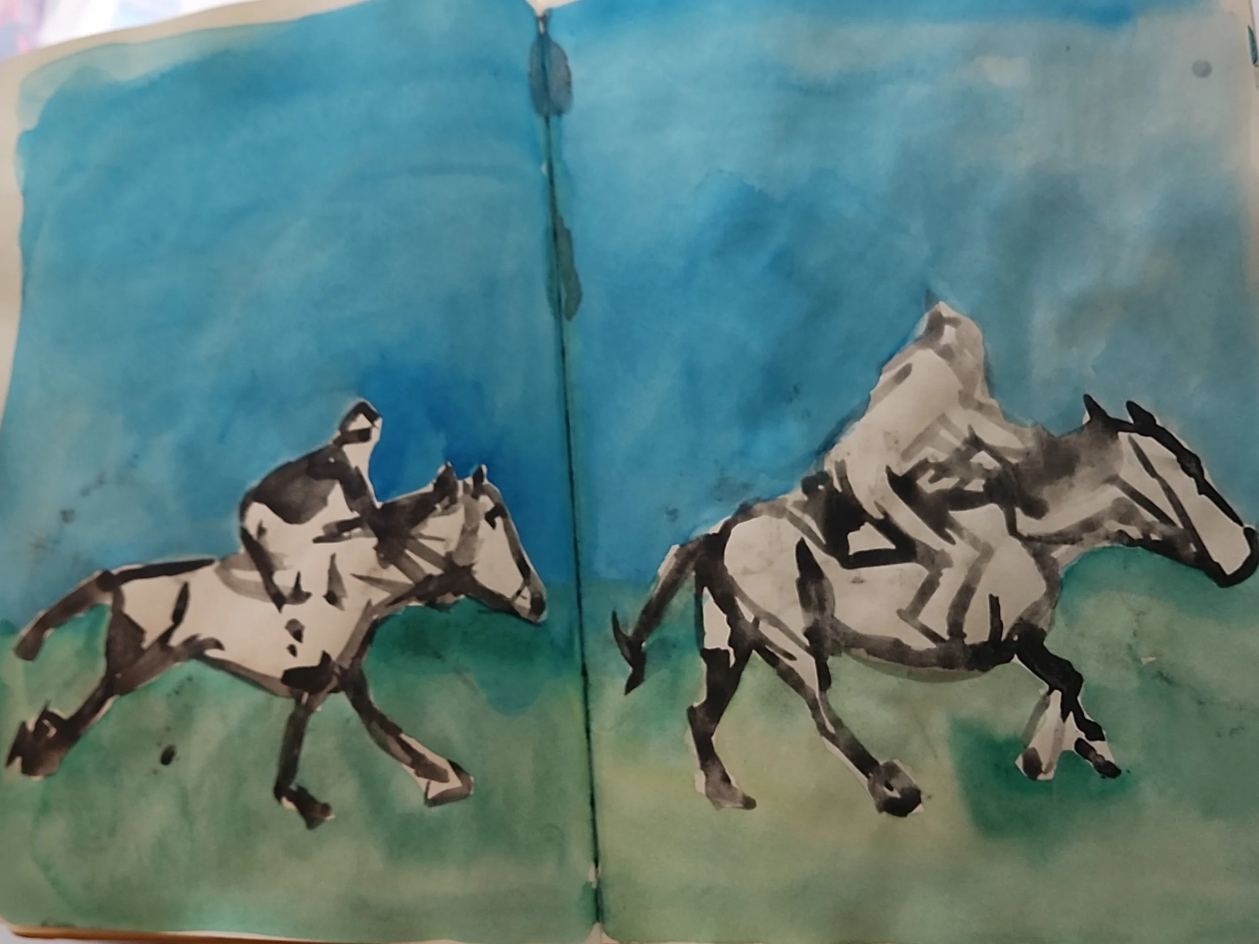 Chuckwagons graphite watercolour horses Saskatchewan painting.jpg