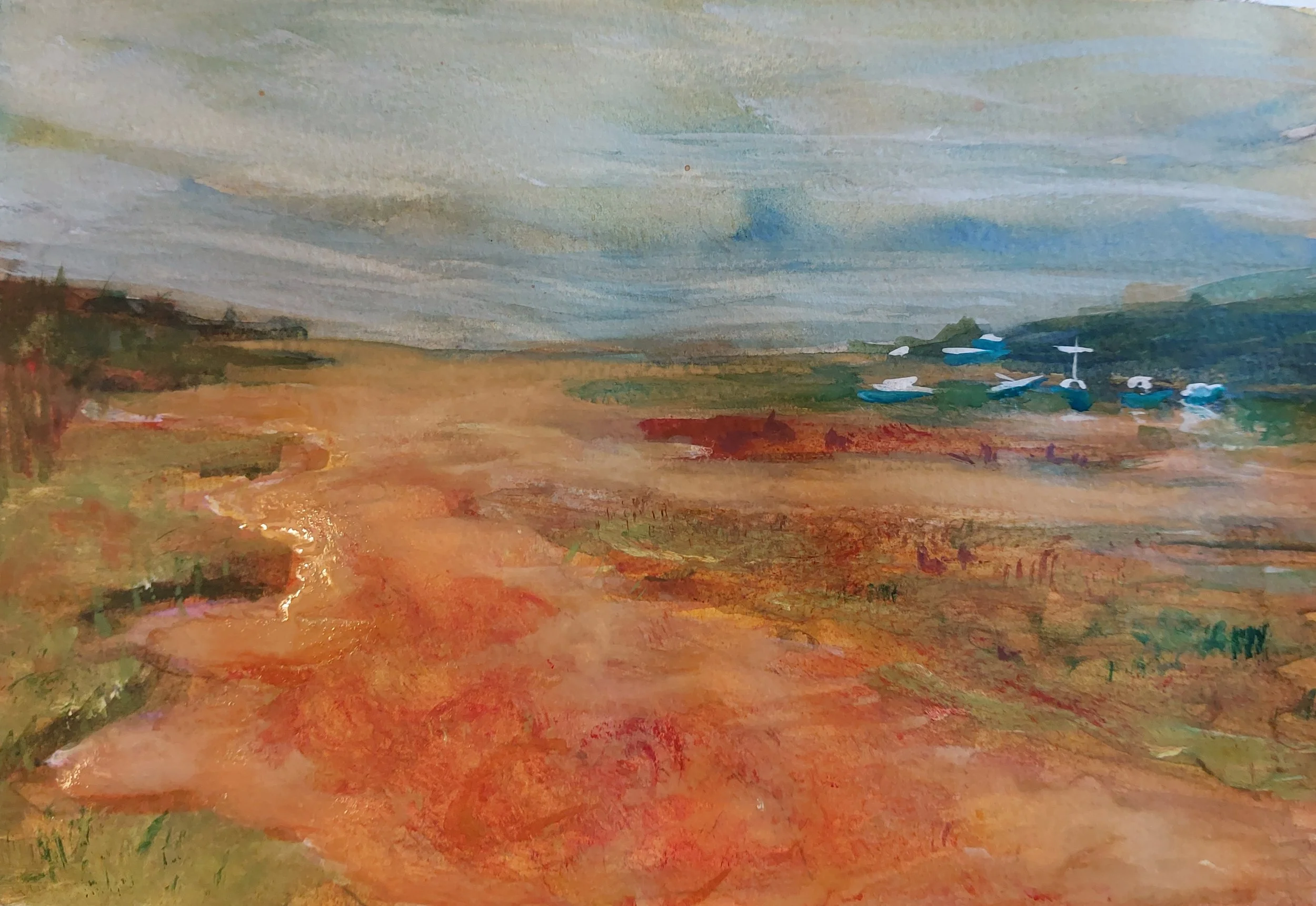 An abstract landscape painting with a dirt path leading towards grass and small trees, blue and green hills in the background, and a partly cloudy sky.