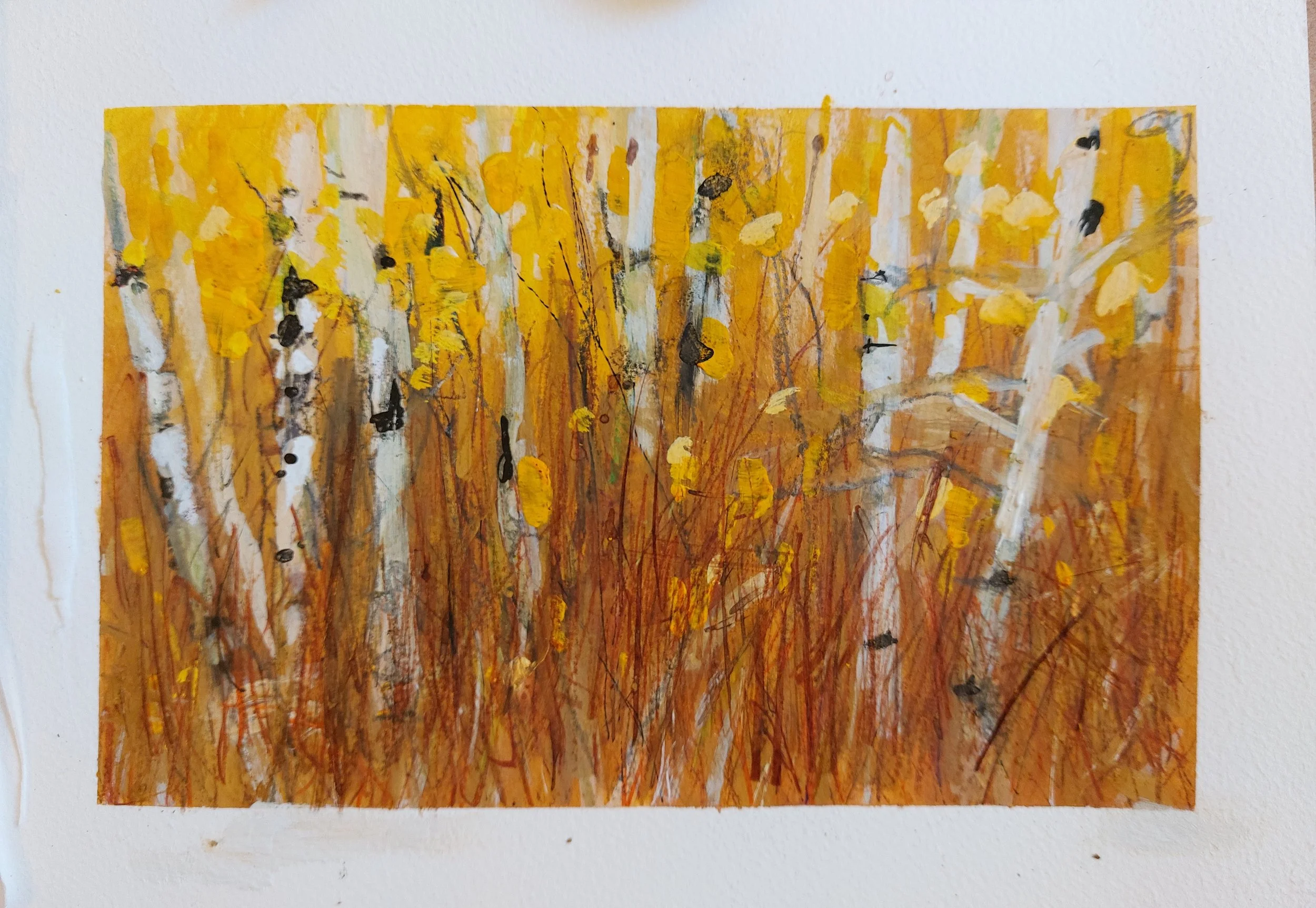 Abstract painting of a forest scene with yellow leaves and white birch trees, using warm earth tones and expressive brushstrokes.