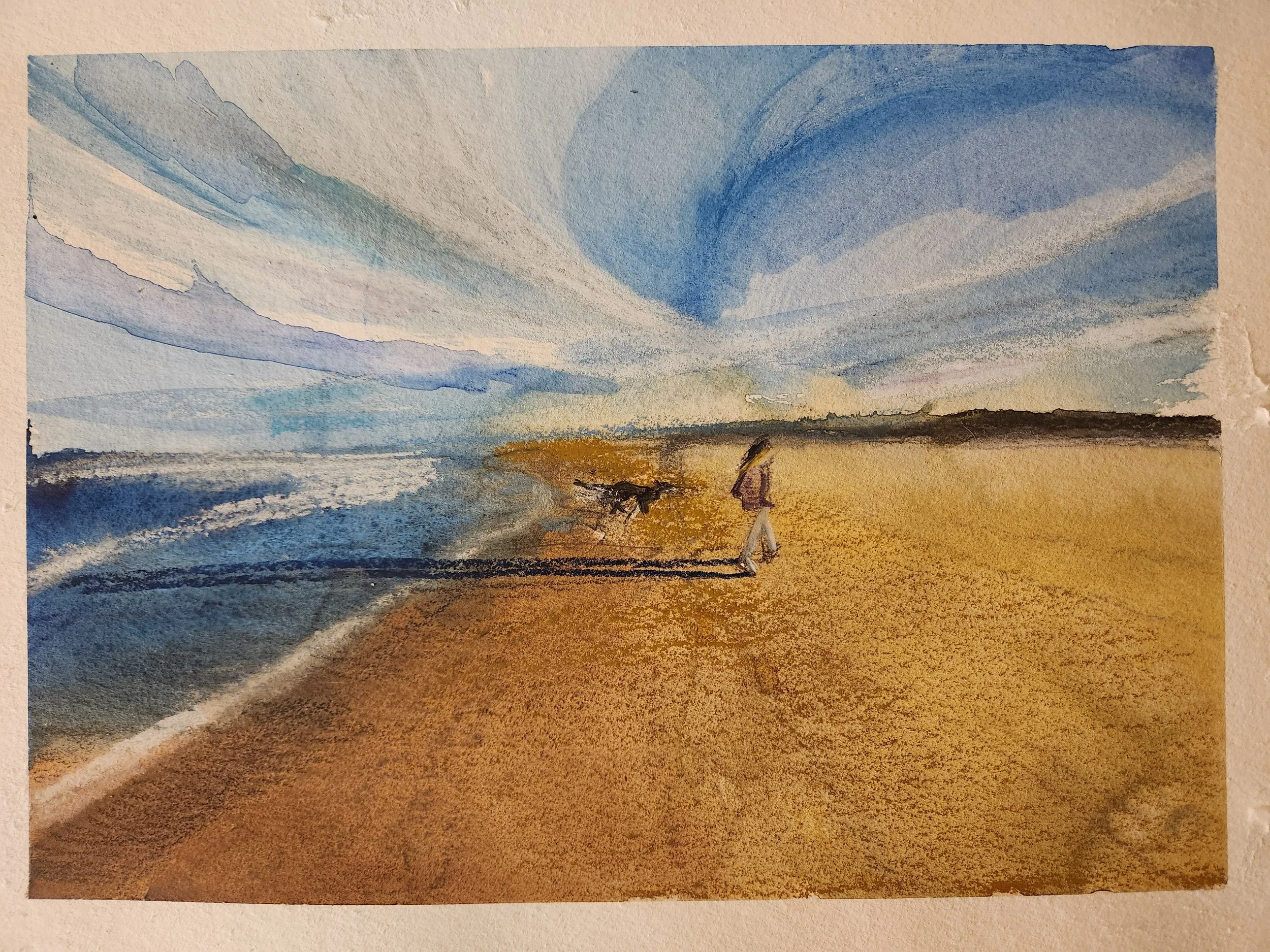 Long shadows beach england northeast coast art mixed media.jpg