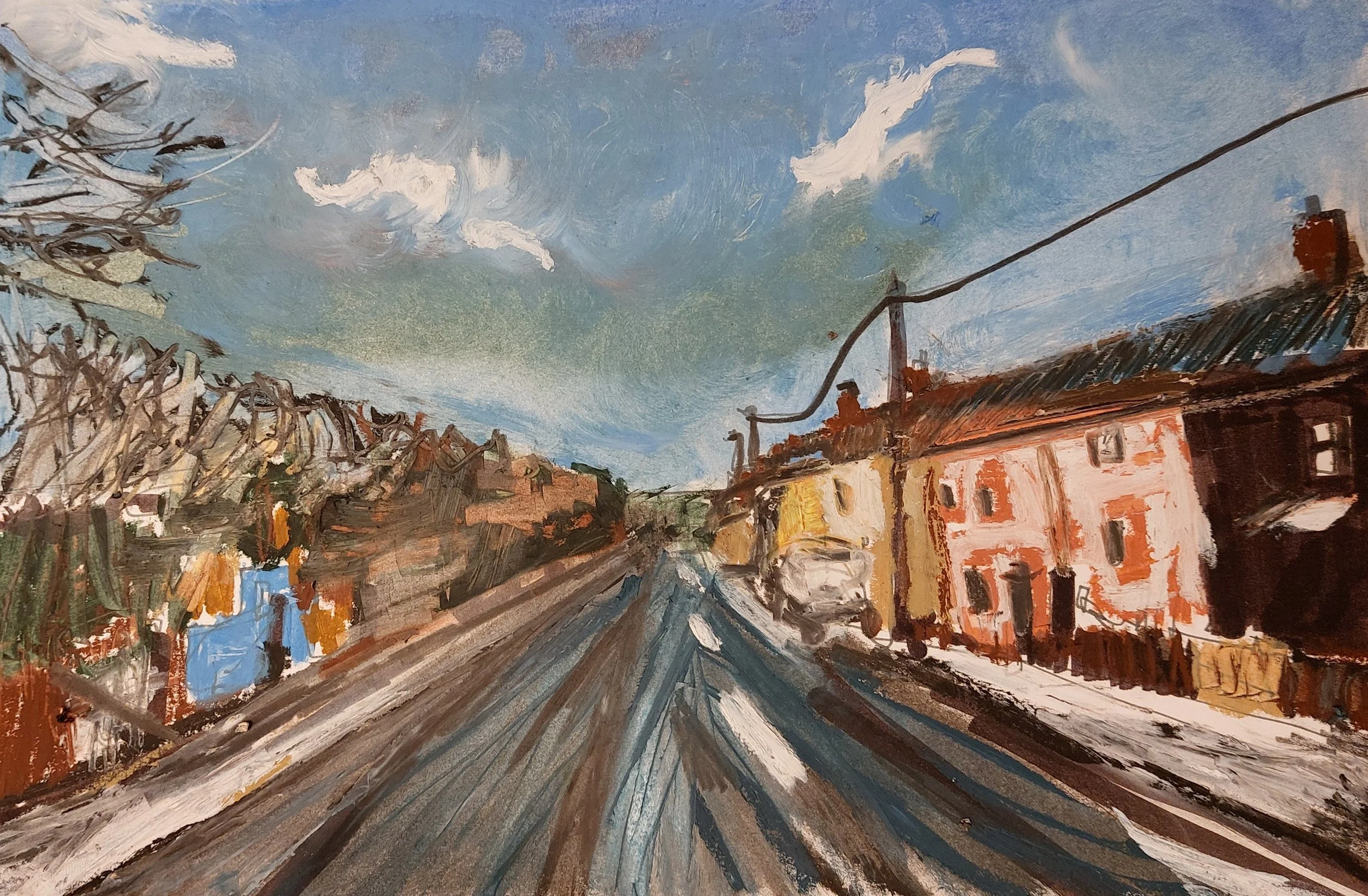 An impressionistic painting of a town street with railway tracks in the foreground, colorful buildings lining both sides, and a cloudy sky overhead.