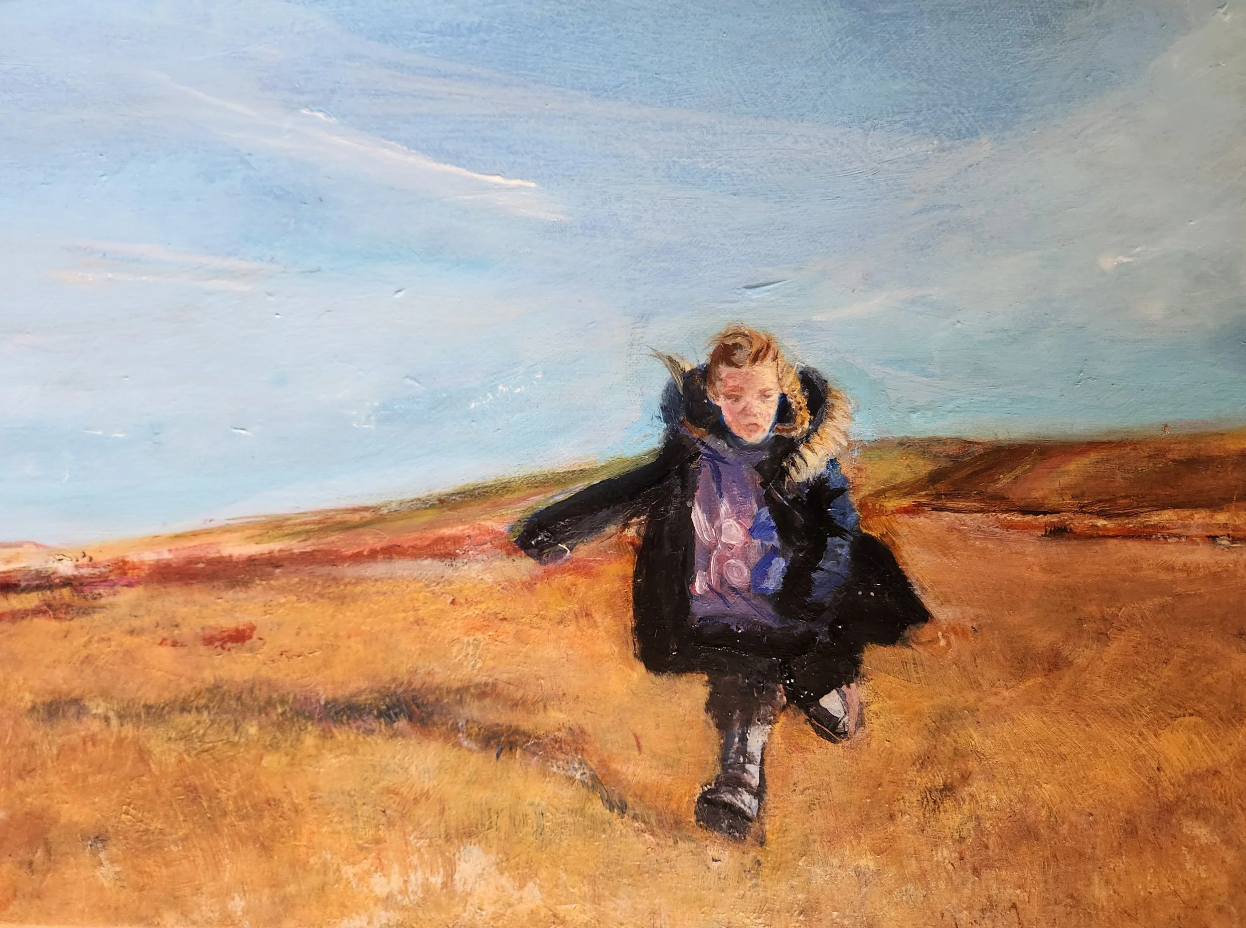 An impressionist-style painting of a child in an oversize winter coat running across the moors, with a vast open sky in the background, exhibiting light blue tones with white clouds.