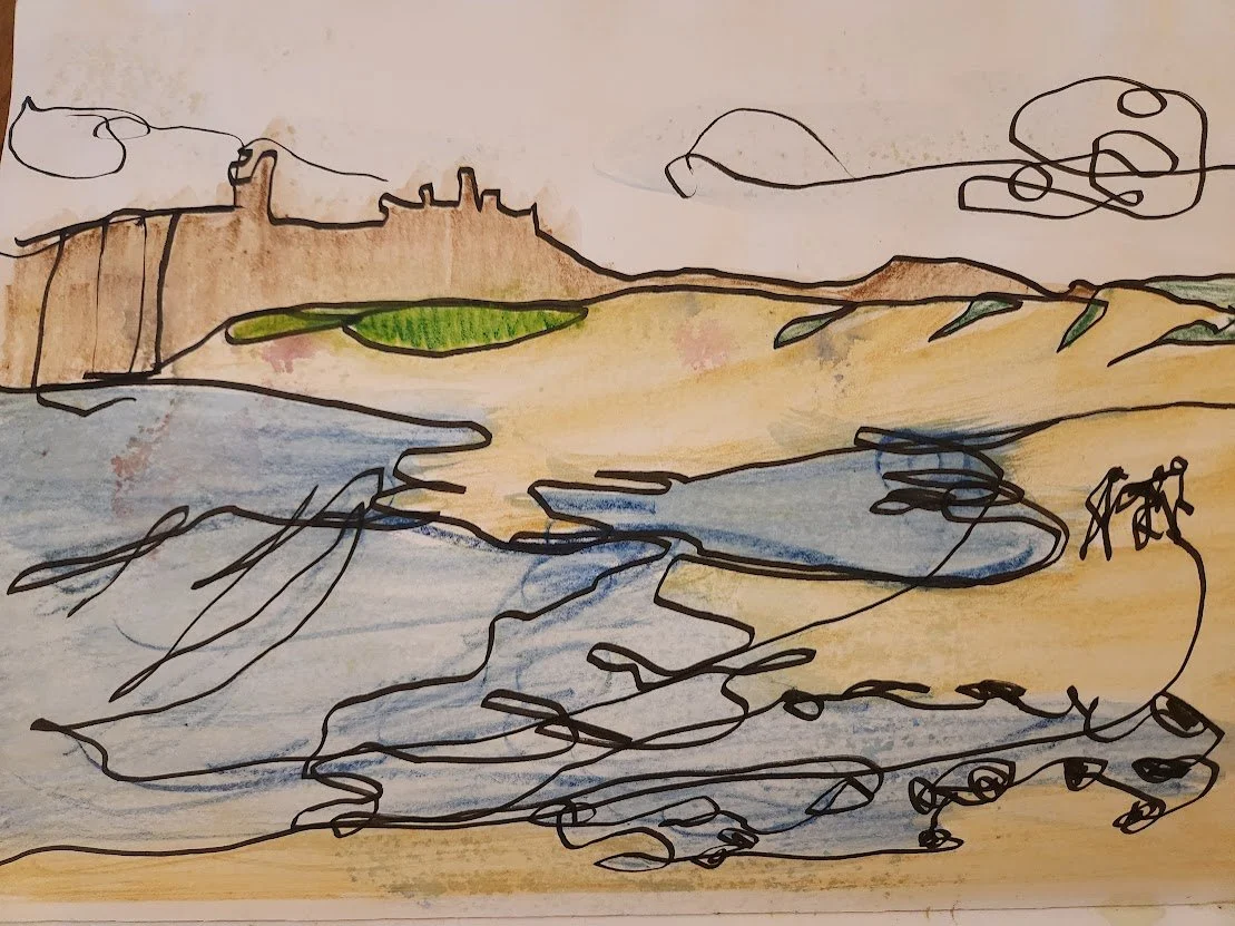 A colorful landscape drawing of a river flowing through a hilly area, with distant mountains and a castle on a hill in the background, and some scattered green trees and rocks.