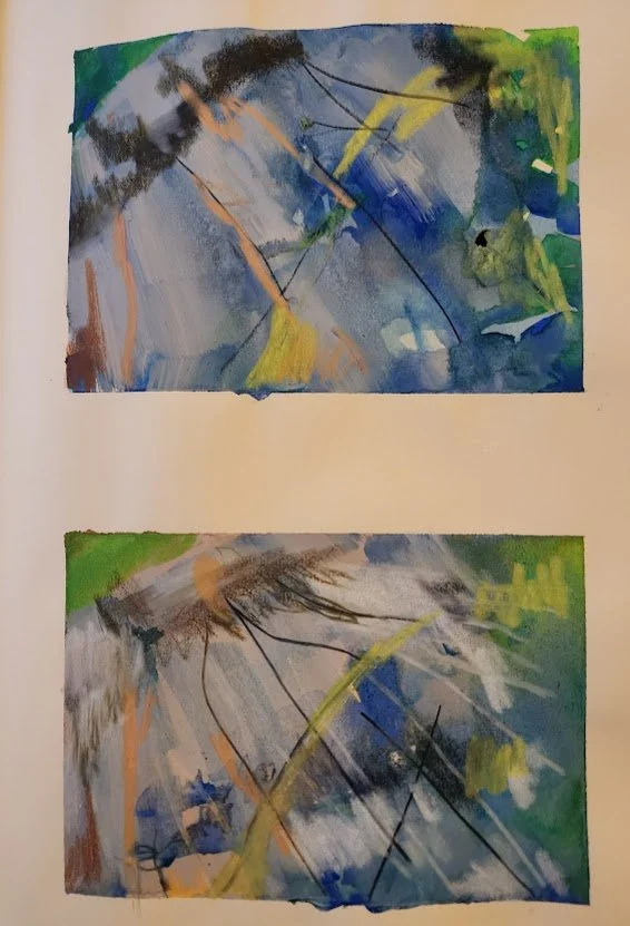 Two abstract watercolor paintings with vibrant colors, featuring blues, greens, yellows, and browns, separated by a blank white space.