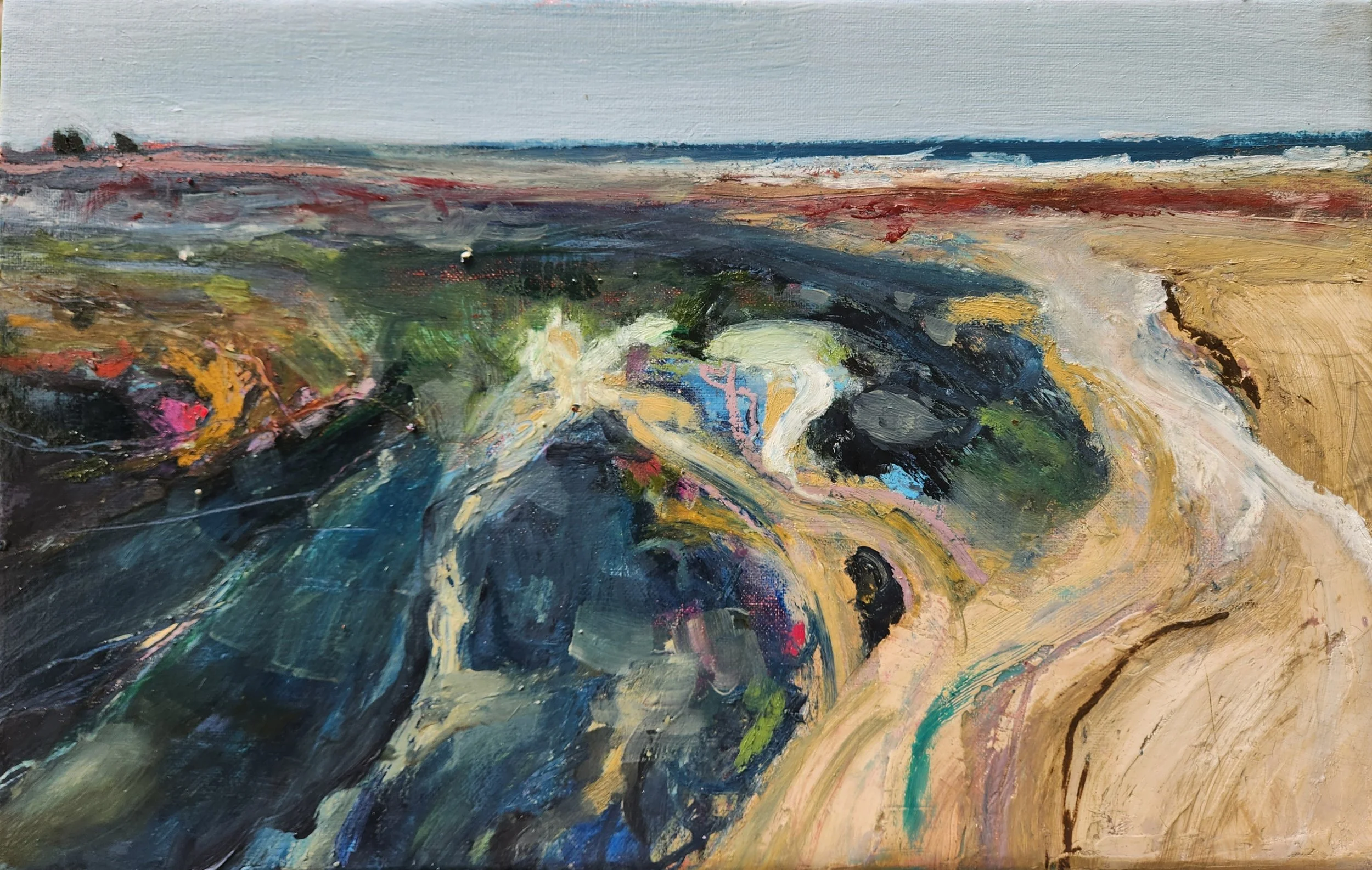 Bamburgh tide pools rocky shore and sand oil painting
