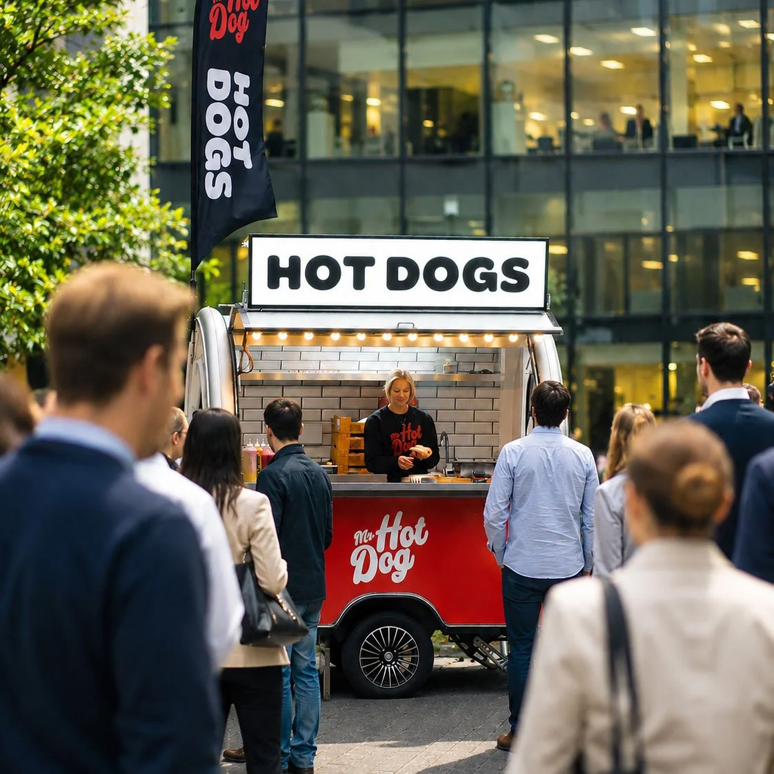 Mr Hot Dog street food van serving a lunchtime crowd outside a modern office building, photographed with shallow depth of field and blurred people in the foreground.