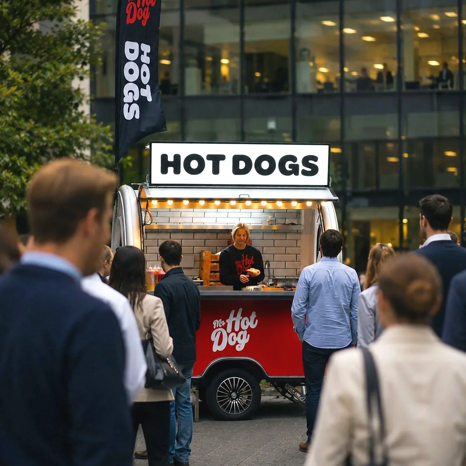 Mr Hot Dog street food van serving a lunchtime crowd outside a modern office building, photographed with shallow depth of field and blurred people in the foreground.