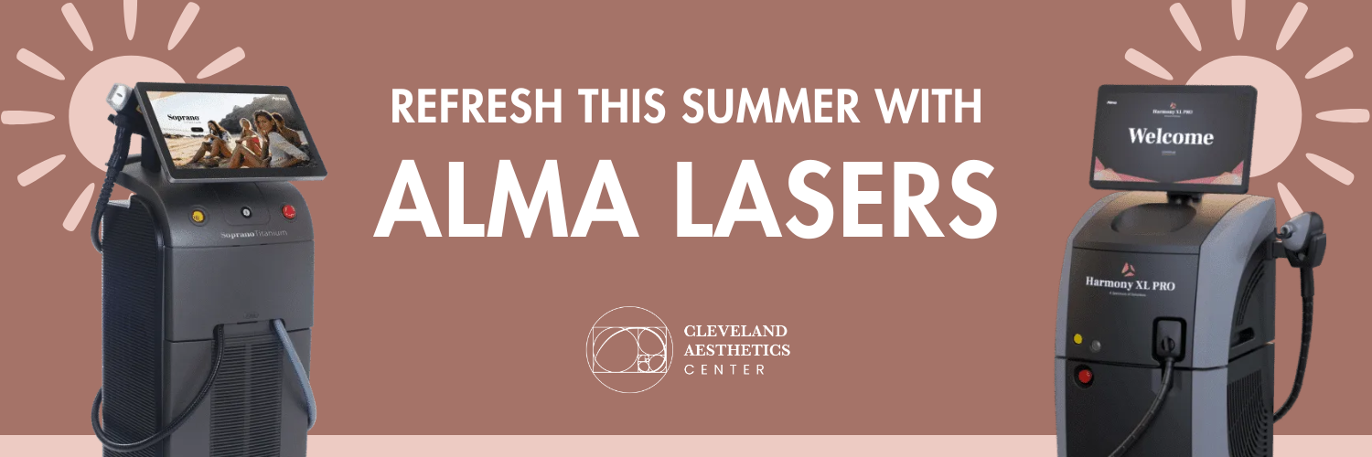 Advertisement for Cleveland Aesthetics Center promoting Alma Lasers with images of medical laser machines against a rose gold background with sunburst designs.