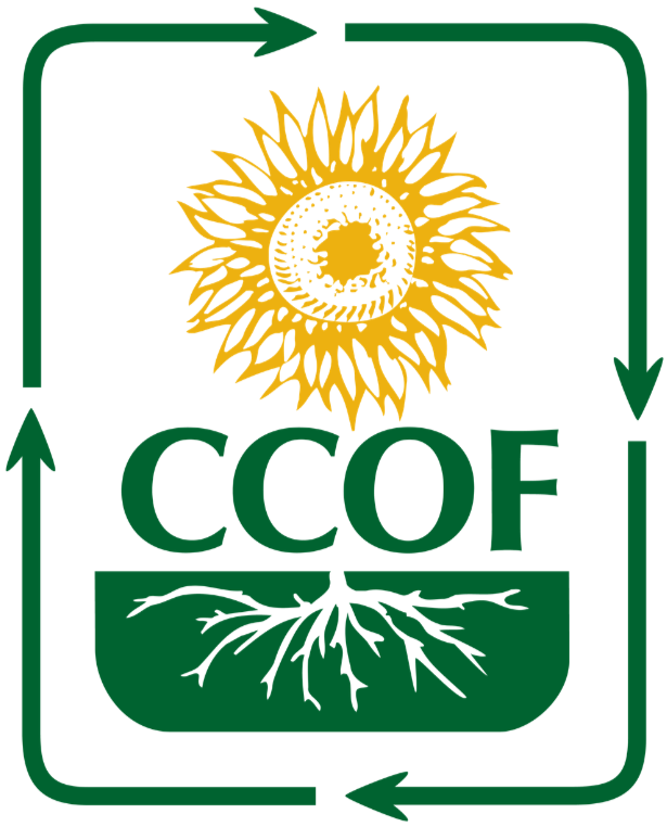 CCOF certified organic logo. Rounded rectangle with 4 green arrows around the boarder with big yellow outlined sunflower above capital dark green letters CCOF
