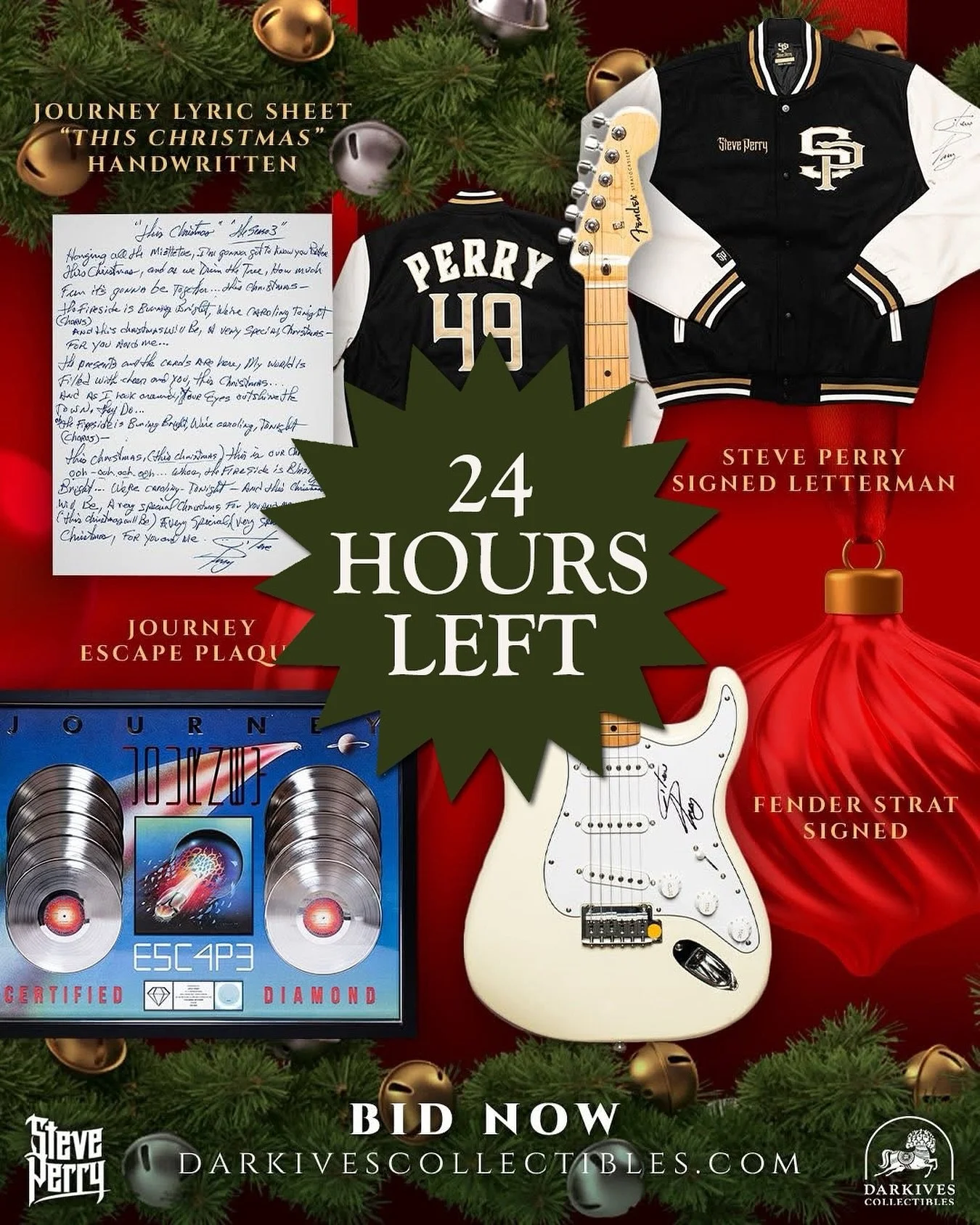24 HOURS LEFT TO BID on over 90 lots from Steve Perry&rsquo;s personal archive in this special Holiday charity auction, benefiting Gilead House. Act fast as the auction runs until 12 noon PT, Tuesday December 16th. Go to darkivescollectibles.com to b