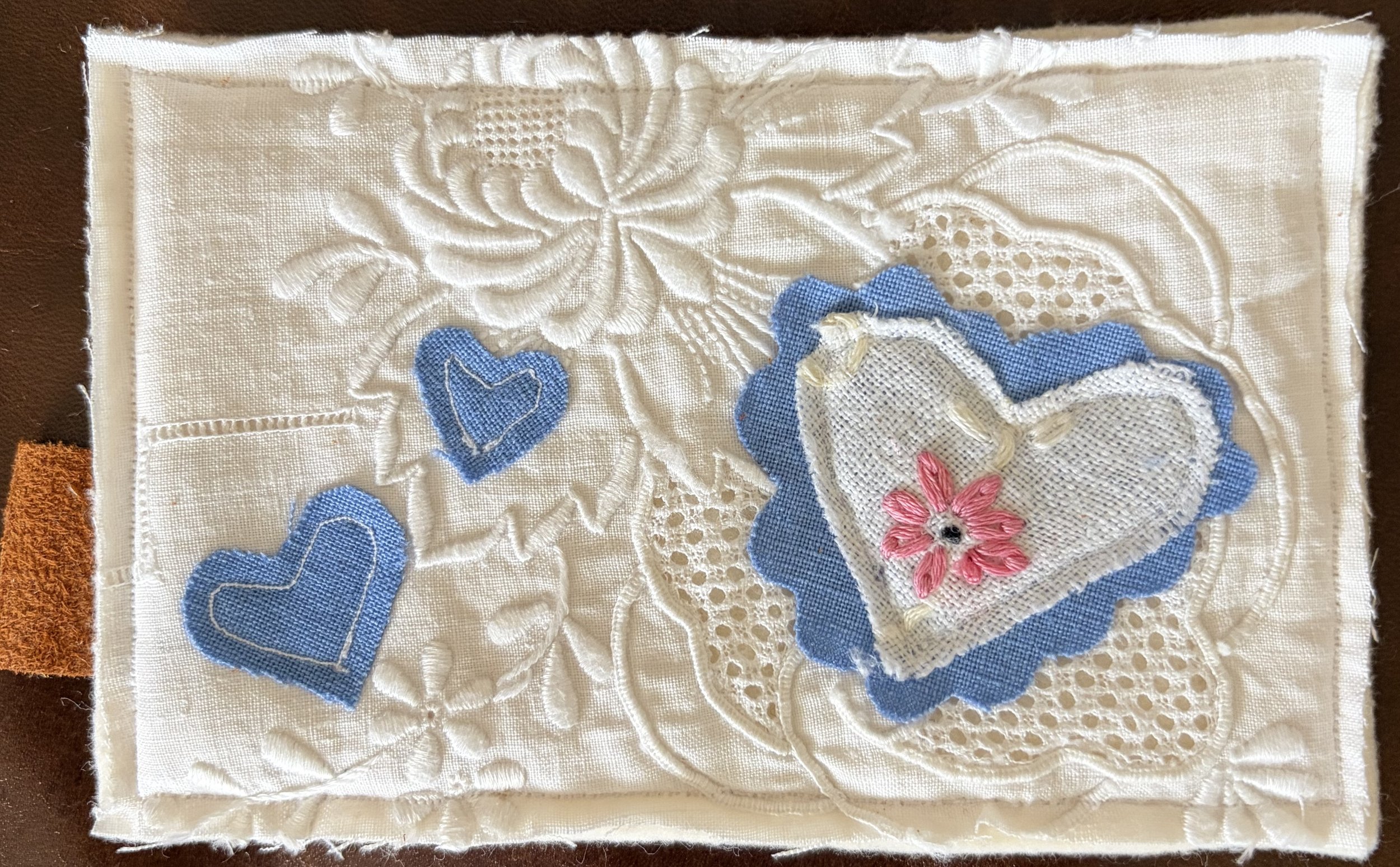 Handmade Valentine's Day Fabric Postcard Blue Hearts Love Letter Vintage Upcyled Fabrics Country Style Chic