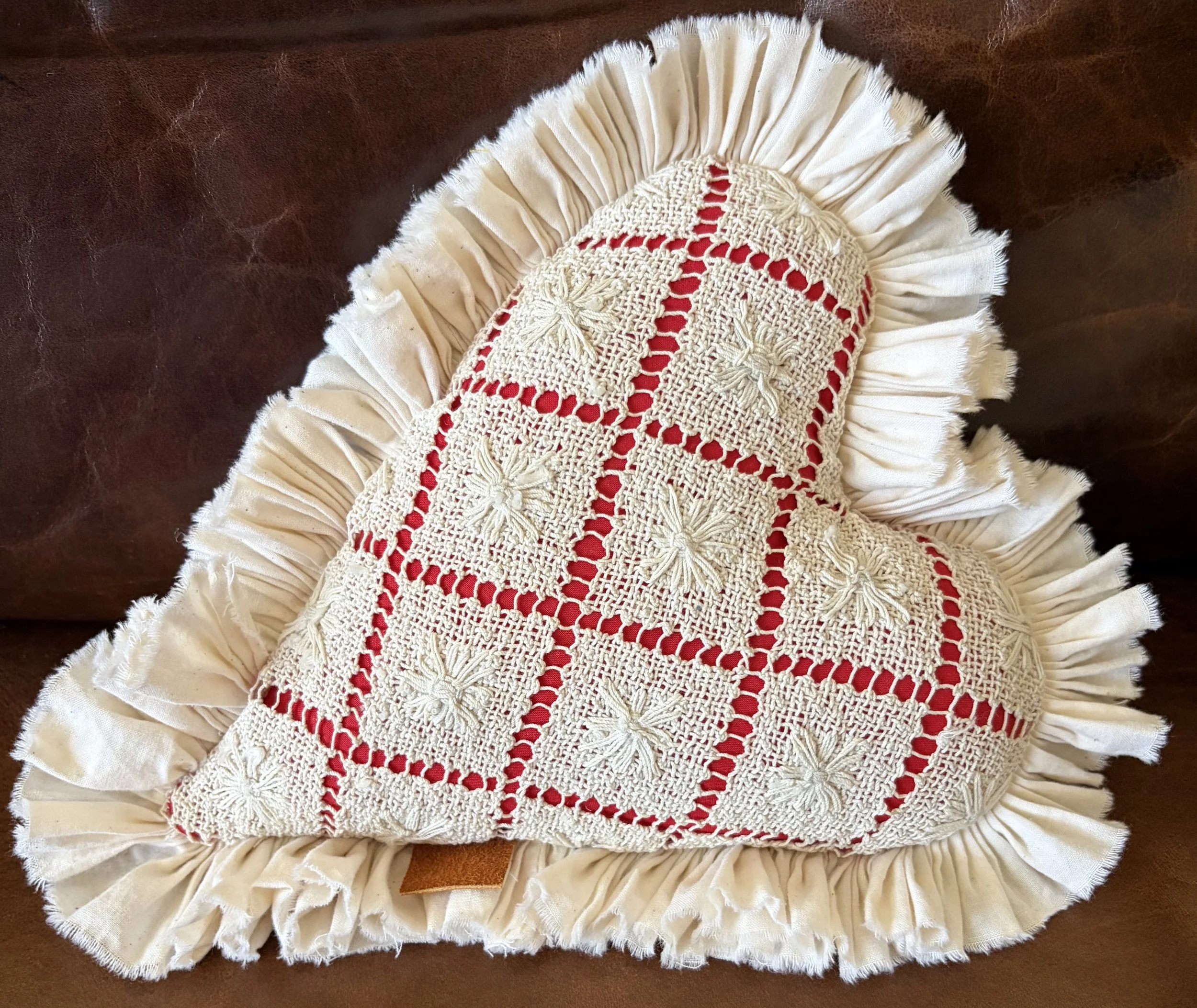 8" Valentine's Day Heart Handmade Rustic Throw Pillow Vintage Upcyled Woven Lace Tablecloth Red Cotton Ruffled Edge Chic Home Decor