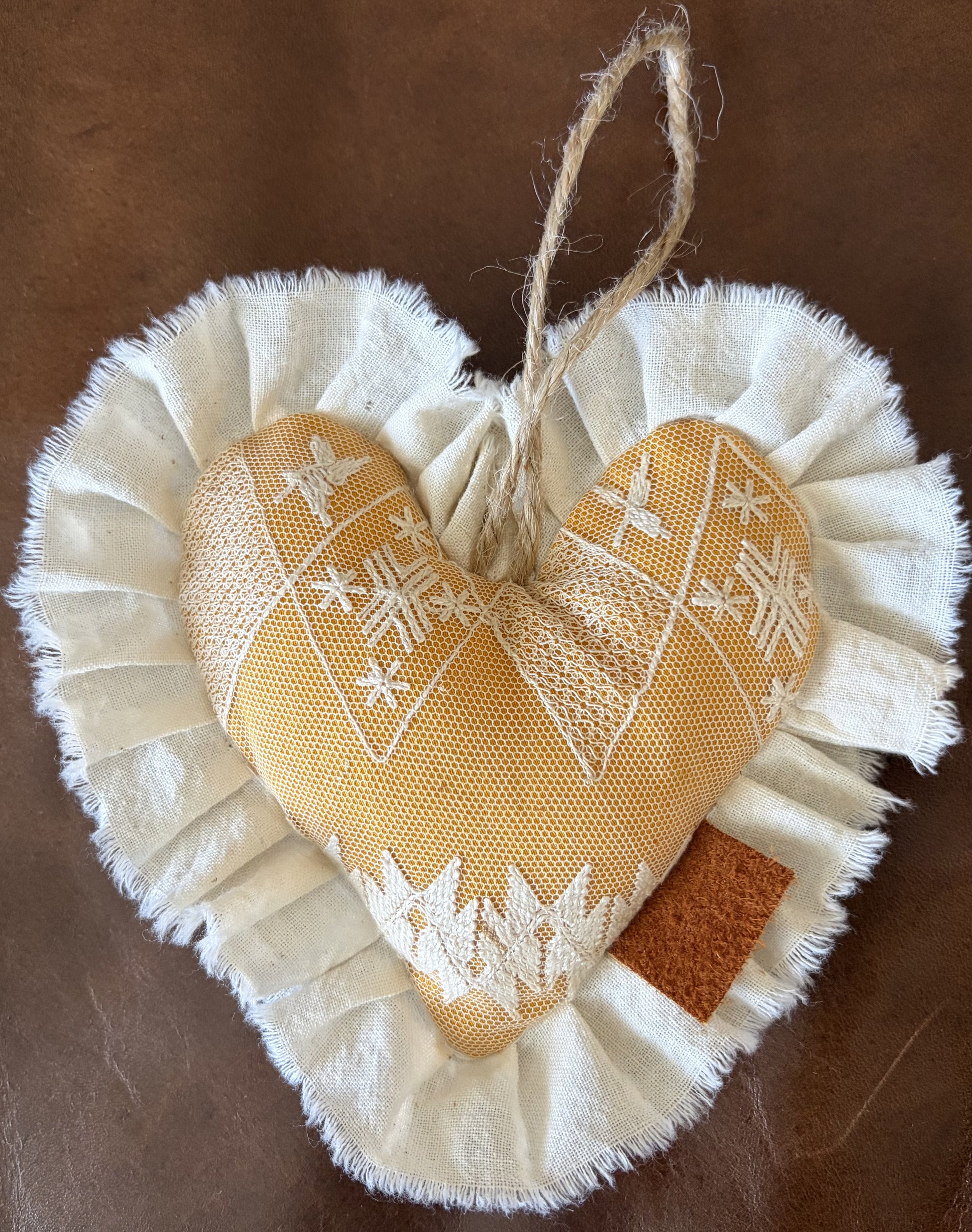 5" Primitive Style Handmade Rustic Hanging Valentine's Day Heart Peg Hanger Vintage Upcyled Antique Lace Old Orange Fabric Cotton Ruffle Trim Home Decor