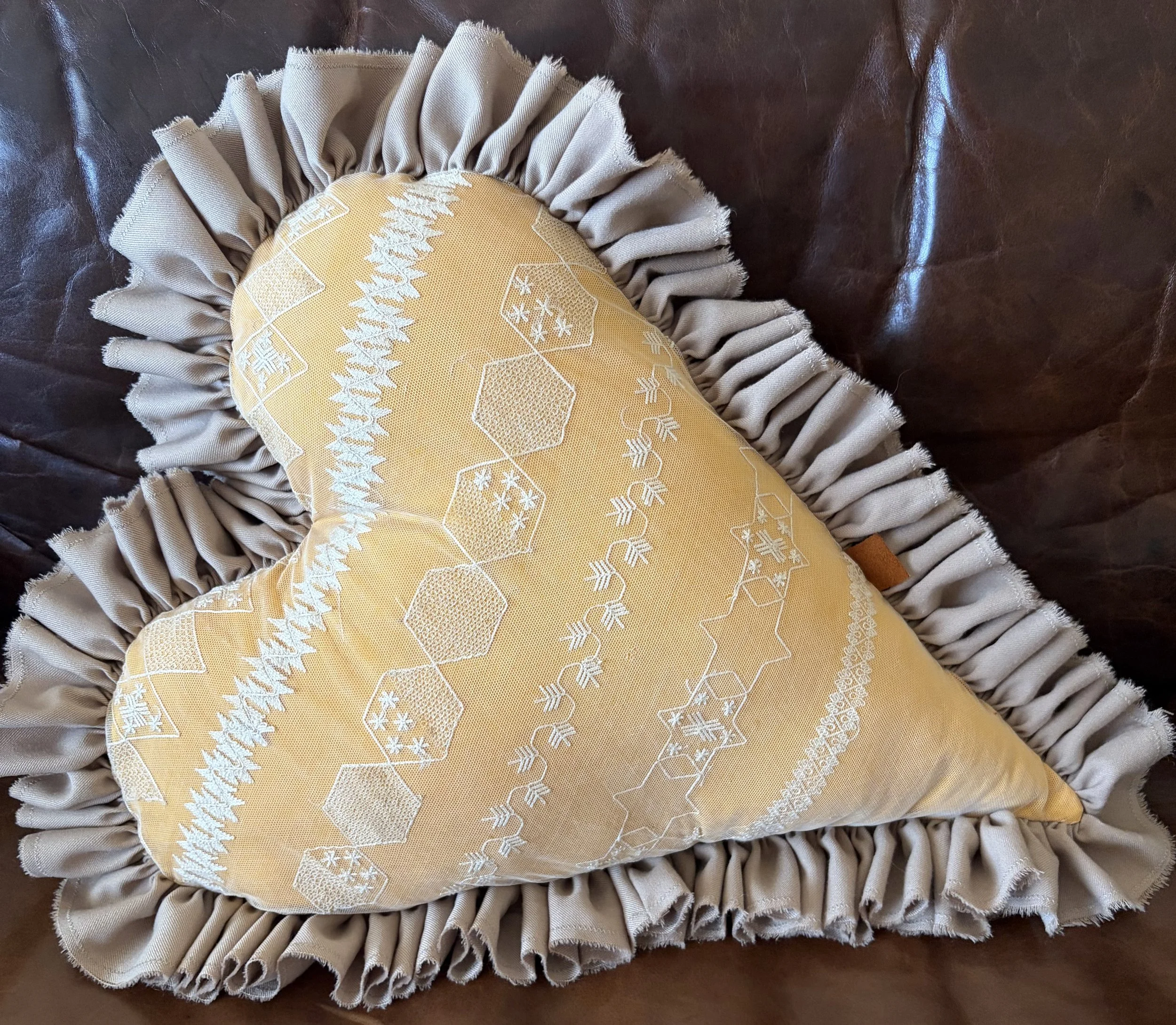 18" Valentine's Day Heart Throw Pillow Rustic Chic Decor Handmade Upcyled Antique Lace Vintage Fabric Ruffled Edge