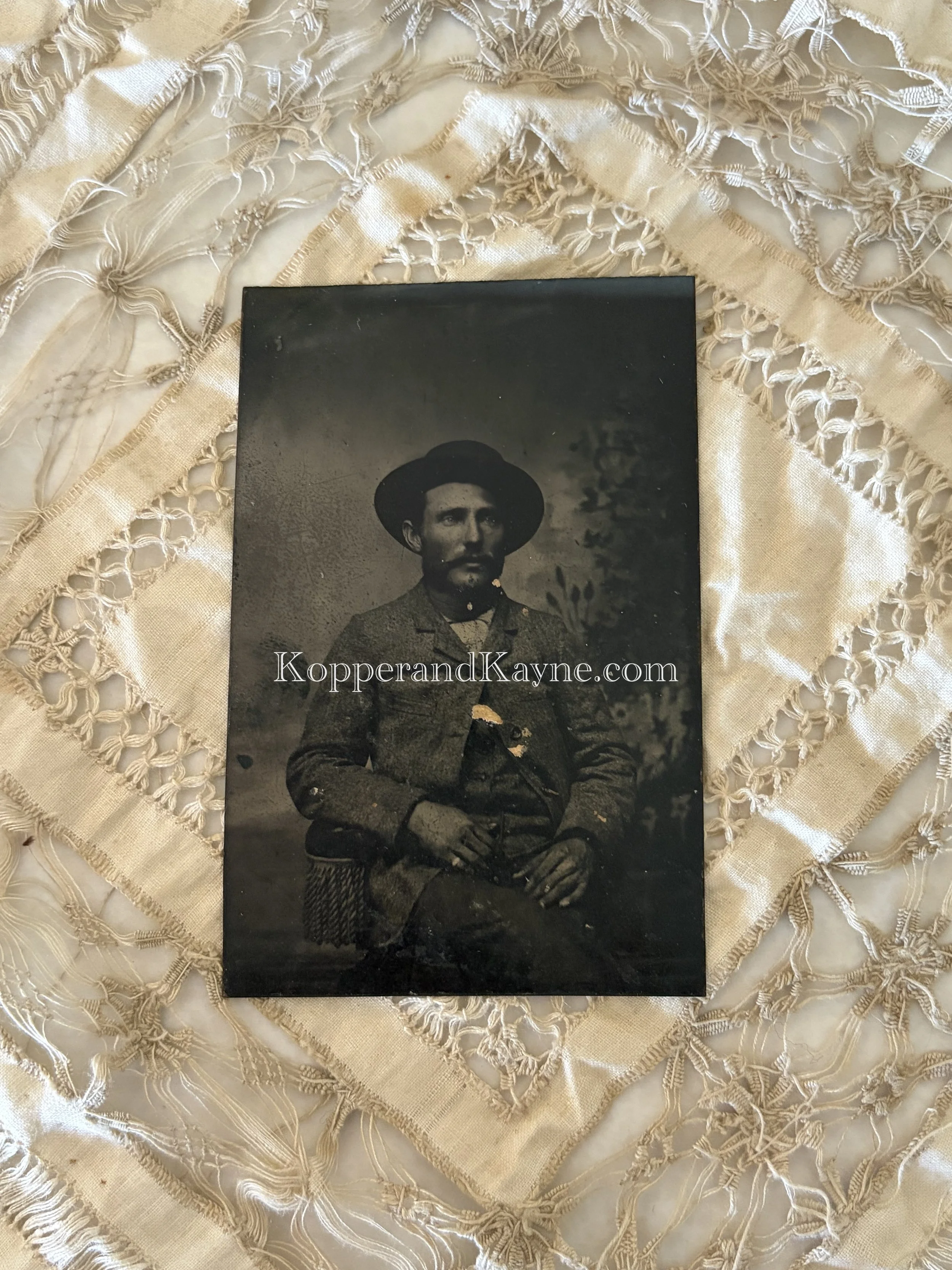 Antique Victorian Antique TinType Photograph Image Seated Gentleman Man with Hat