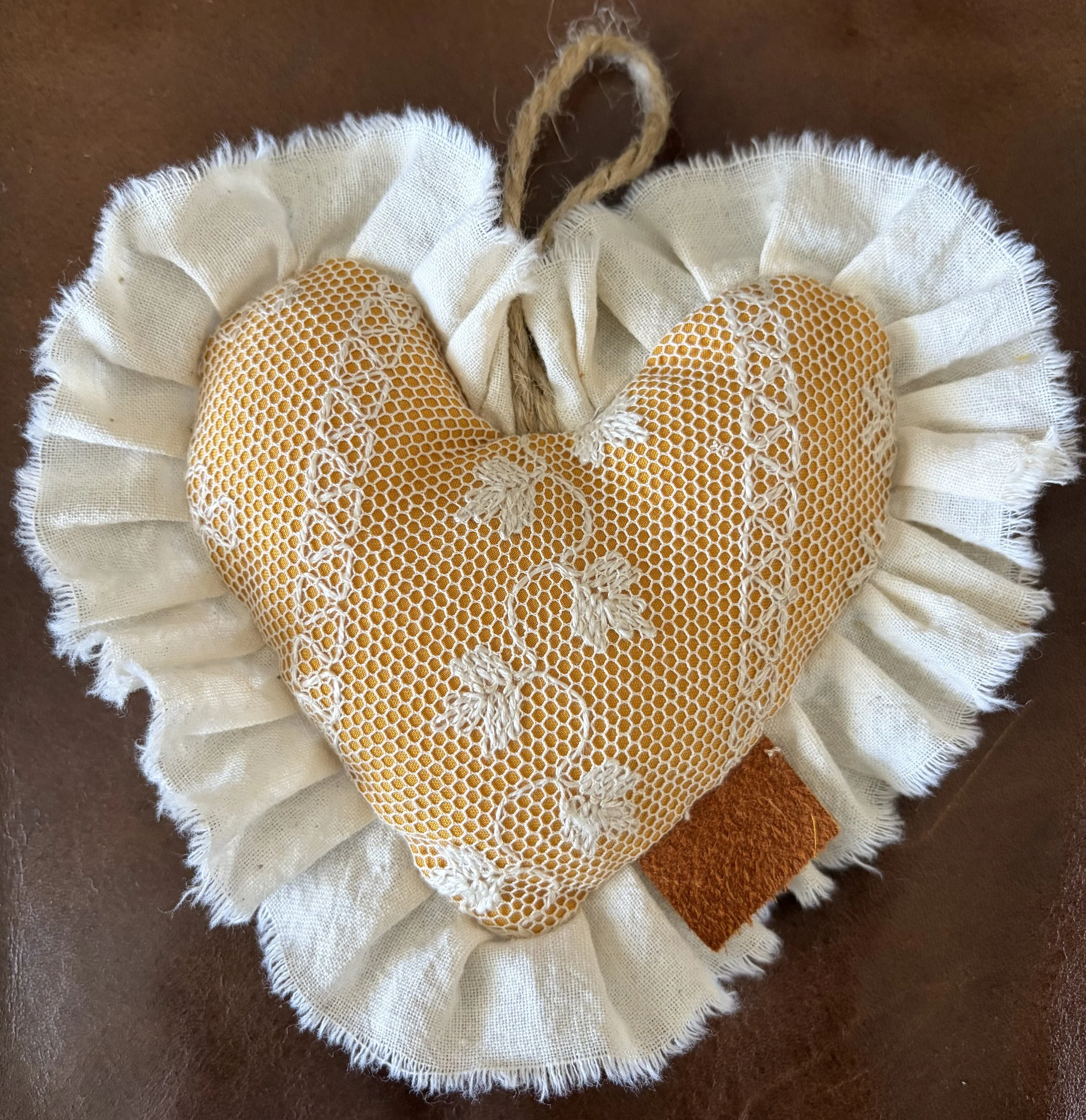 5" Hanging Valentine's Day Heart Peg Hanger Primitive Style Handmade Rustic Vintage Upcyled Antique Lace Old Orange Fabric Cotton Ruffle Trim Home Accent