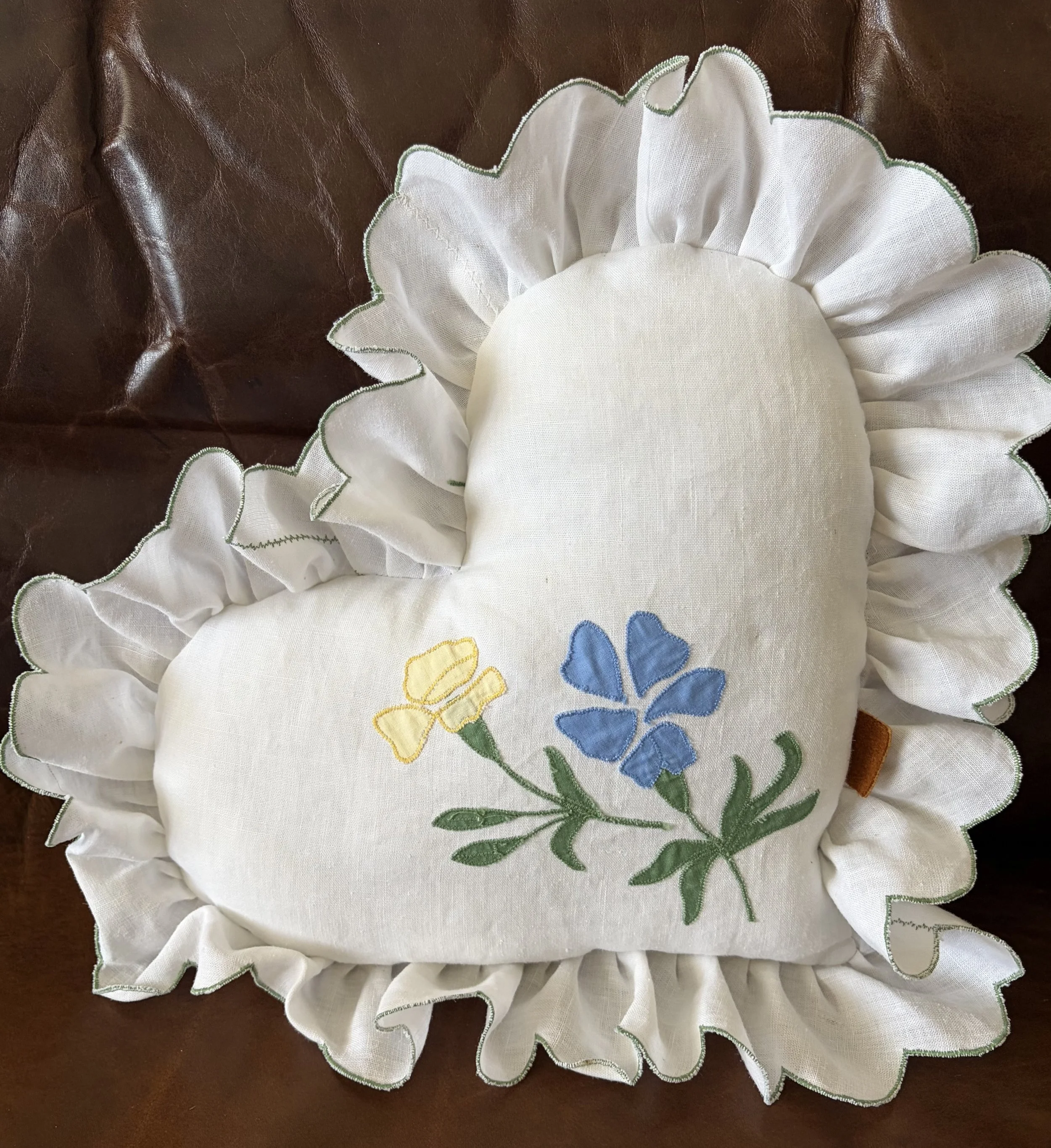 10" Valentine's Day Yellow Blue Applique Floral Heart Shabby Chic Home Decor Handmade Vintage Upcyled Linen & Purple Cotton Accent Throw Pillow