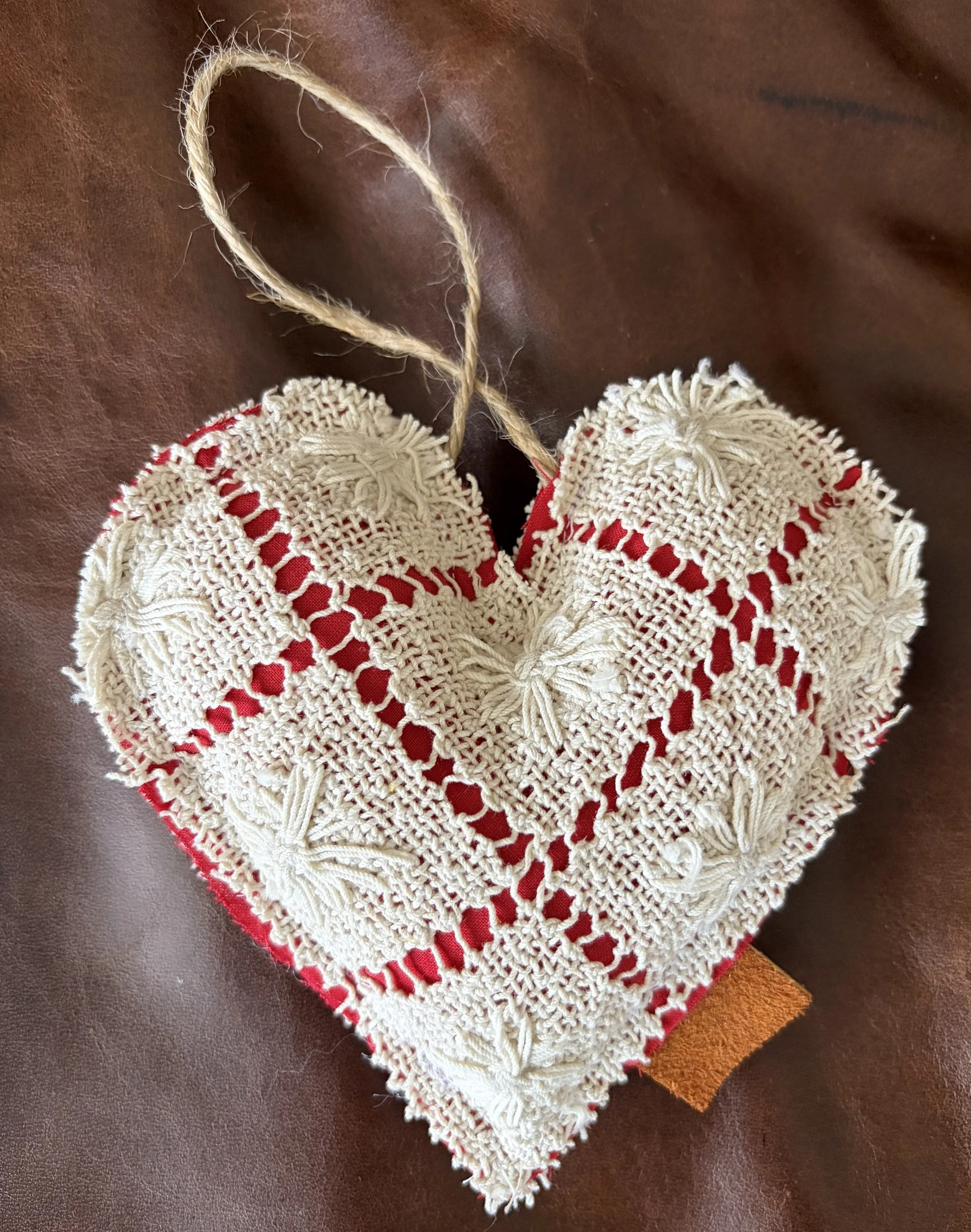5" Rustic Primitive Style Handmade Hanging Valentine's Day Heart Ornament Upcyled Vintage Woven Lace Chic Home Decor