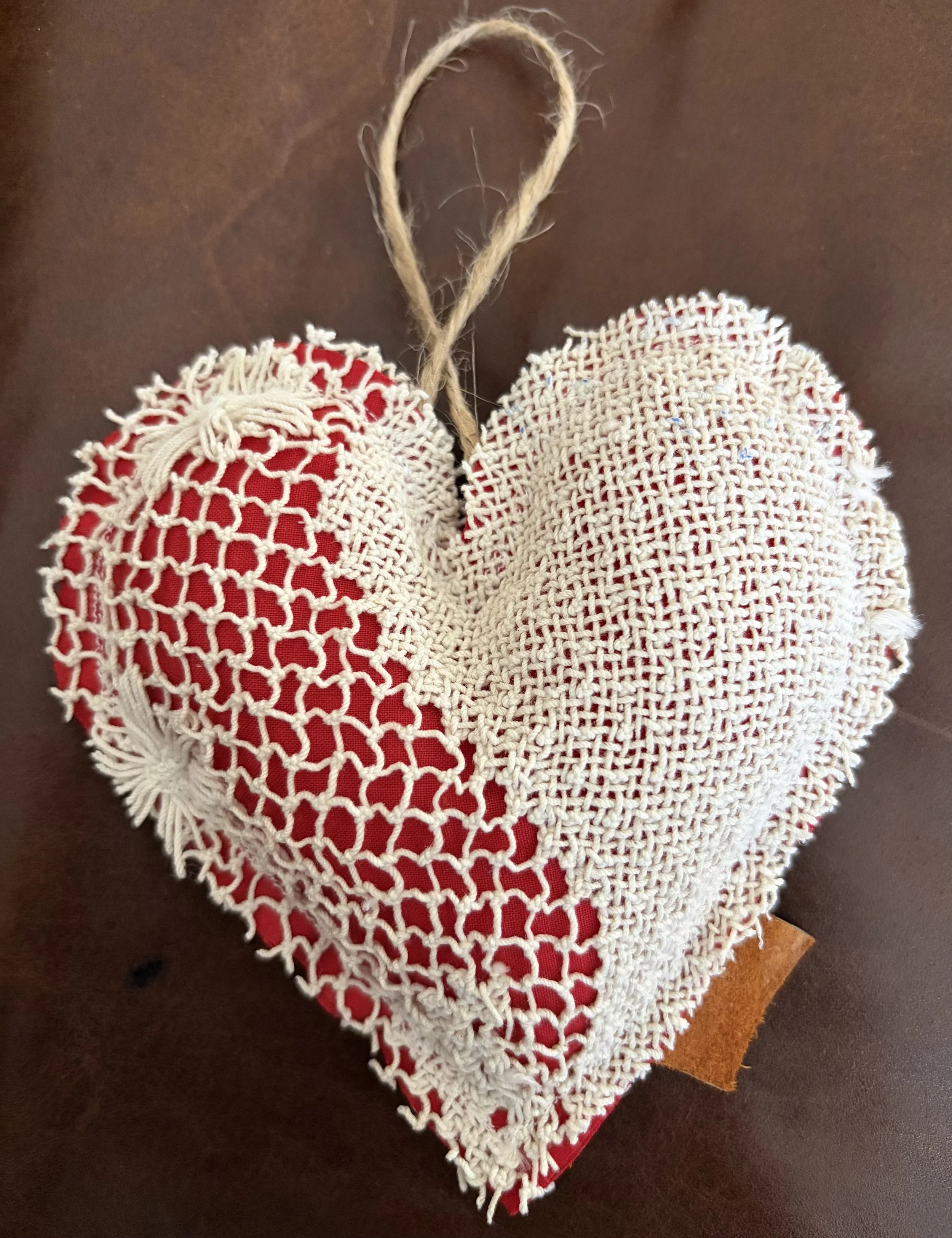 Red 5" Rustic Primitive Style Handmade Hanging Valentine's Day Heart Ornament Upcyled Vintage Woven Lace Chic Home Decor