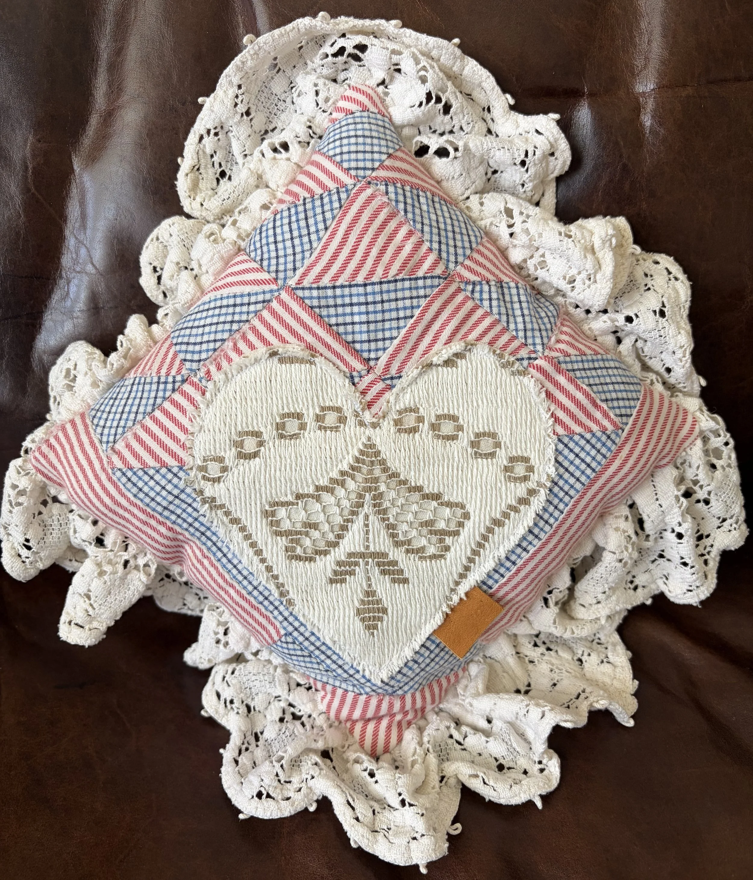8" Square Rustic Throw Pillow Handmade Valentine's Day Heart Vintage Upcyled Quilt Block Quaker Lace Ruffled Edge Decoration