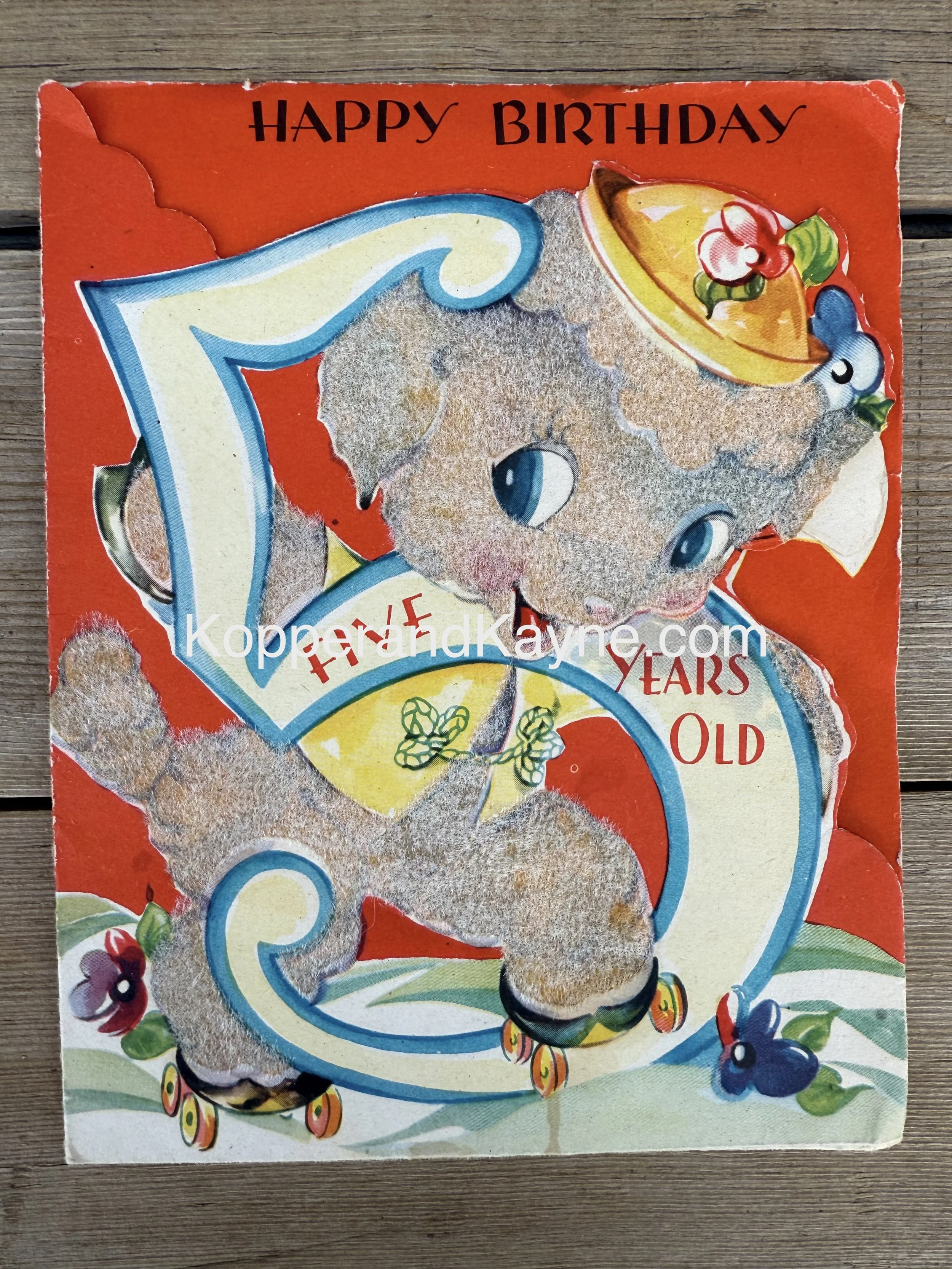 5 Five Years Old Birthday Adorable Vintage Collectible Greeting Card Roller Skate Fuzzy Dog Scrap Booking Paper Supply Goods