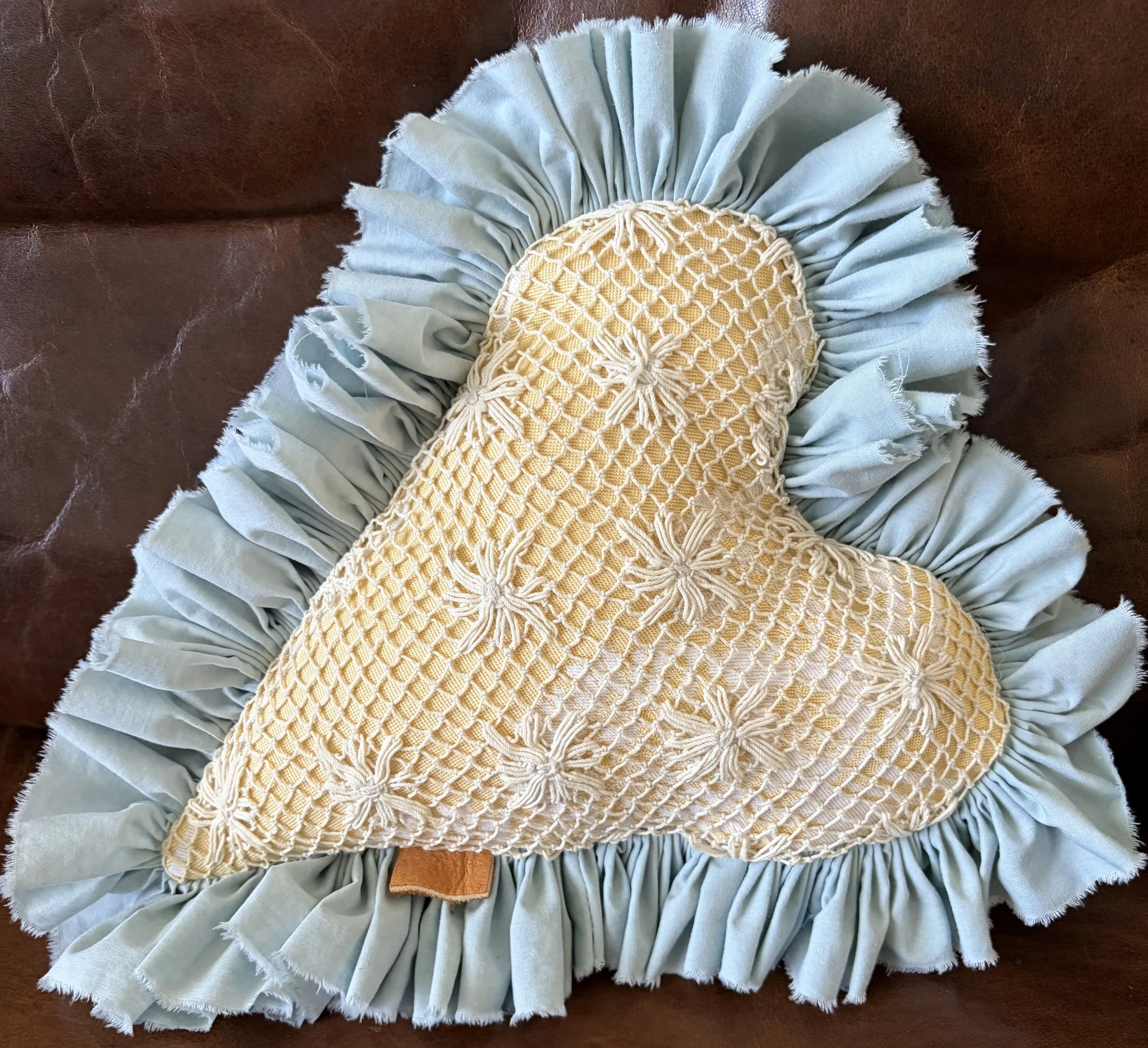 8" Throw Pillow Valentine's Day Heart Rustic Handmade Vintage Upcyled Fabric Woven Lace Tablecloth Powder Blue Cotton Ruffle Trim Shabby Chic Farmhouse Home Decor