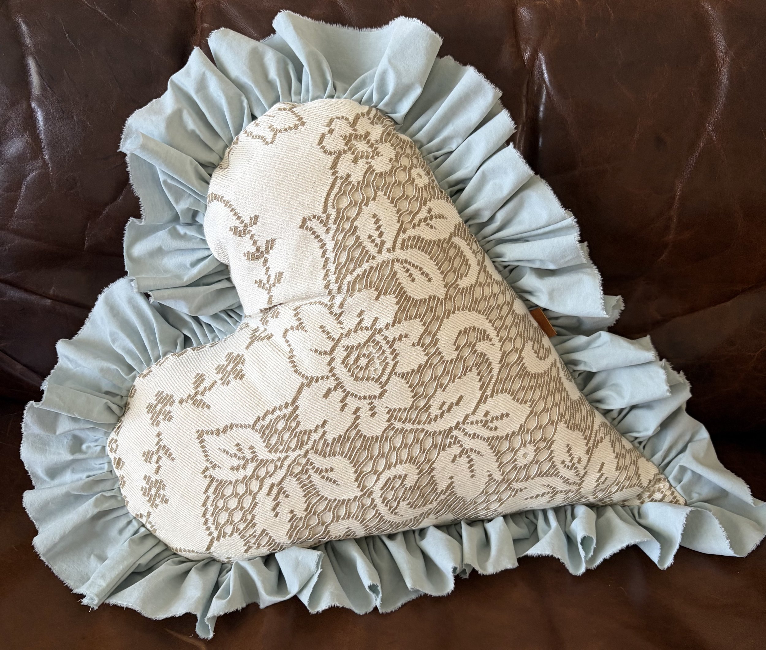Large 18" Rustic Farmhouse Chic Style Handmade Valentine's Day Heart Pillow Vintage Upcyle Quaker Lace Powder Blue Ruffle Trim Home Accent