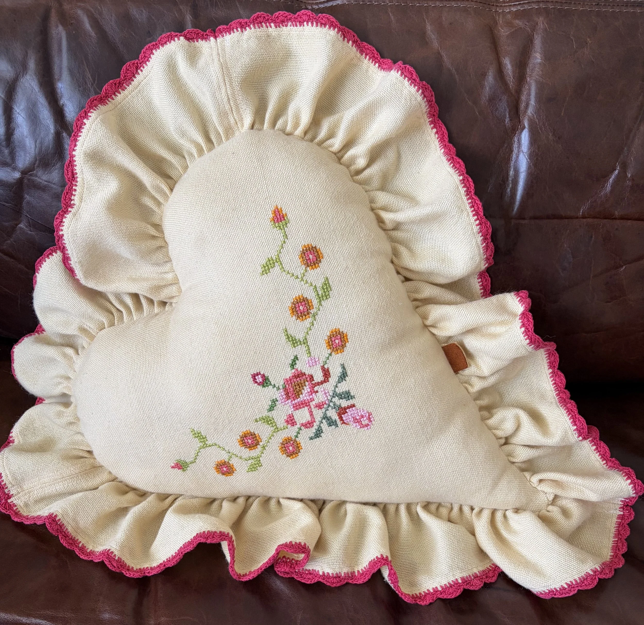 Large 18" Rustic Handmade Valentine's Day Embroidered Heart Throw Pillow Vintage Upcyle Tablecloth Ruffle Decor