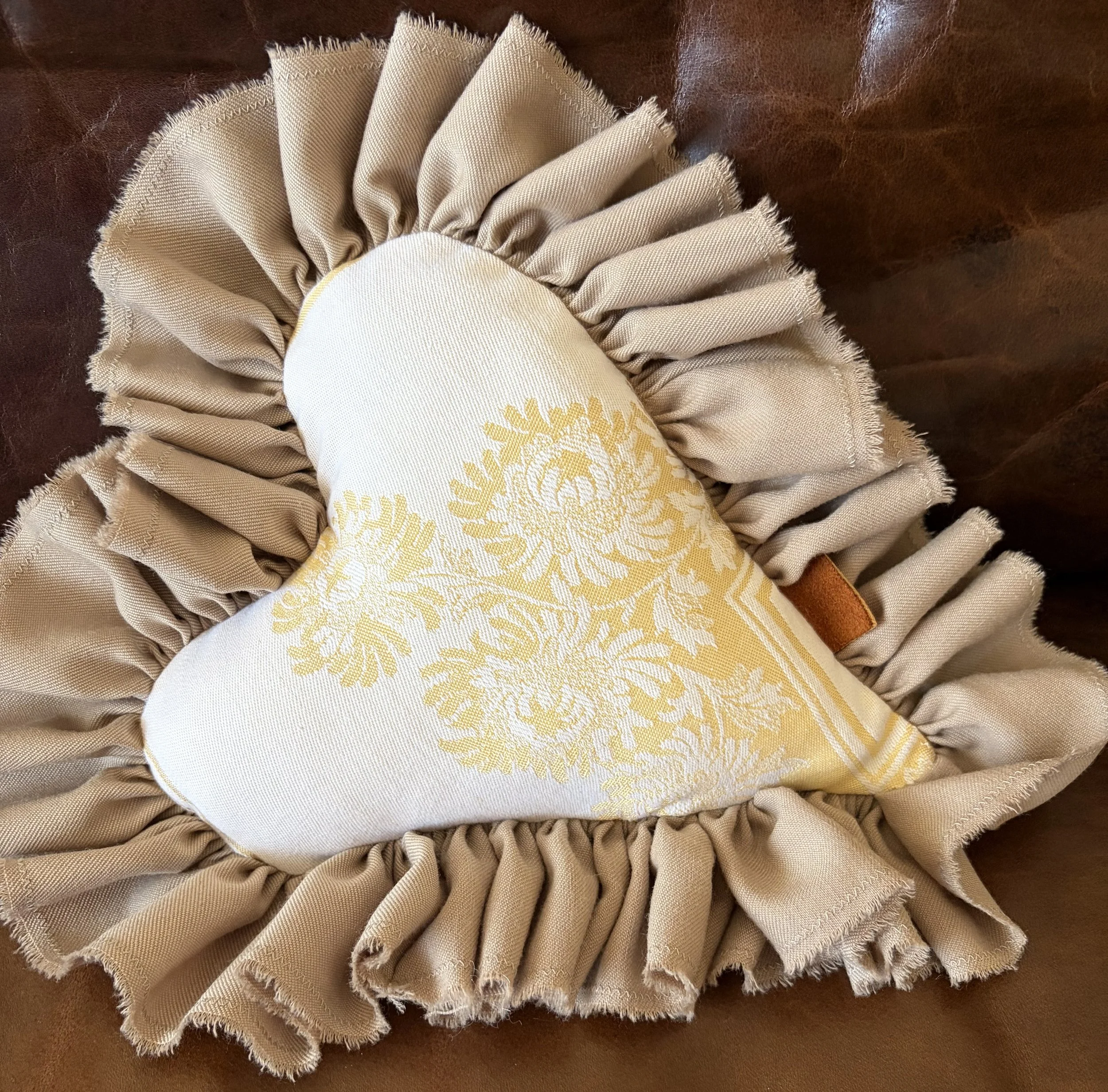 8" Rustic Accent Handmade Valentine's Day Heart Vintage Upcyled Yellow Cream Linen Ruffled Edge Throw Pillow