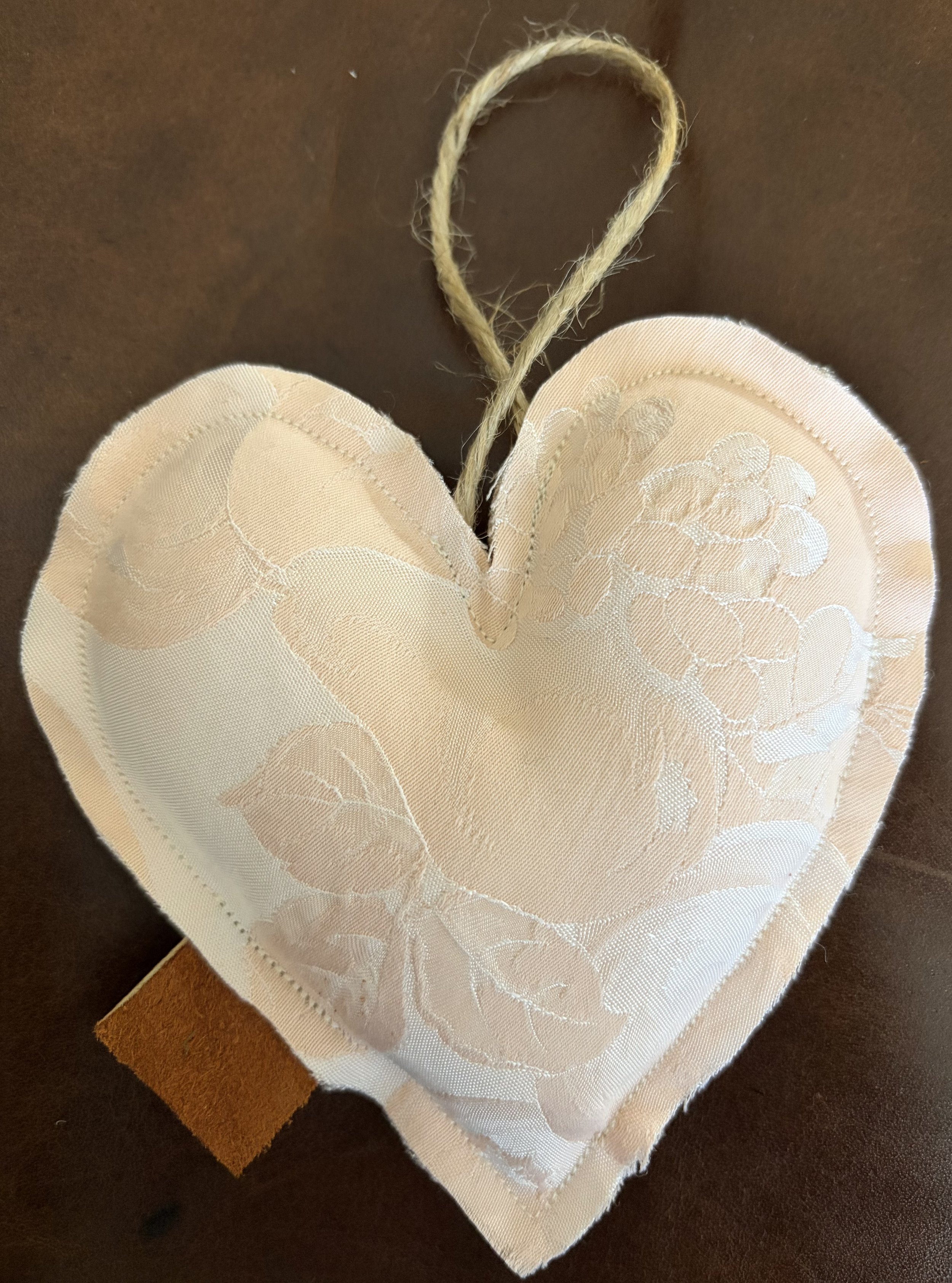 5" Rustic Primitive Style Handmade Hanging Valentine's Day Heart Vintage Upcyled Peach Damask Linen Chic Home Decor