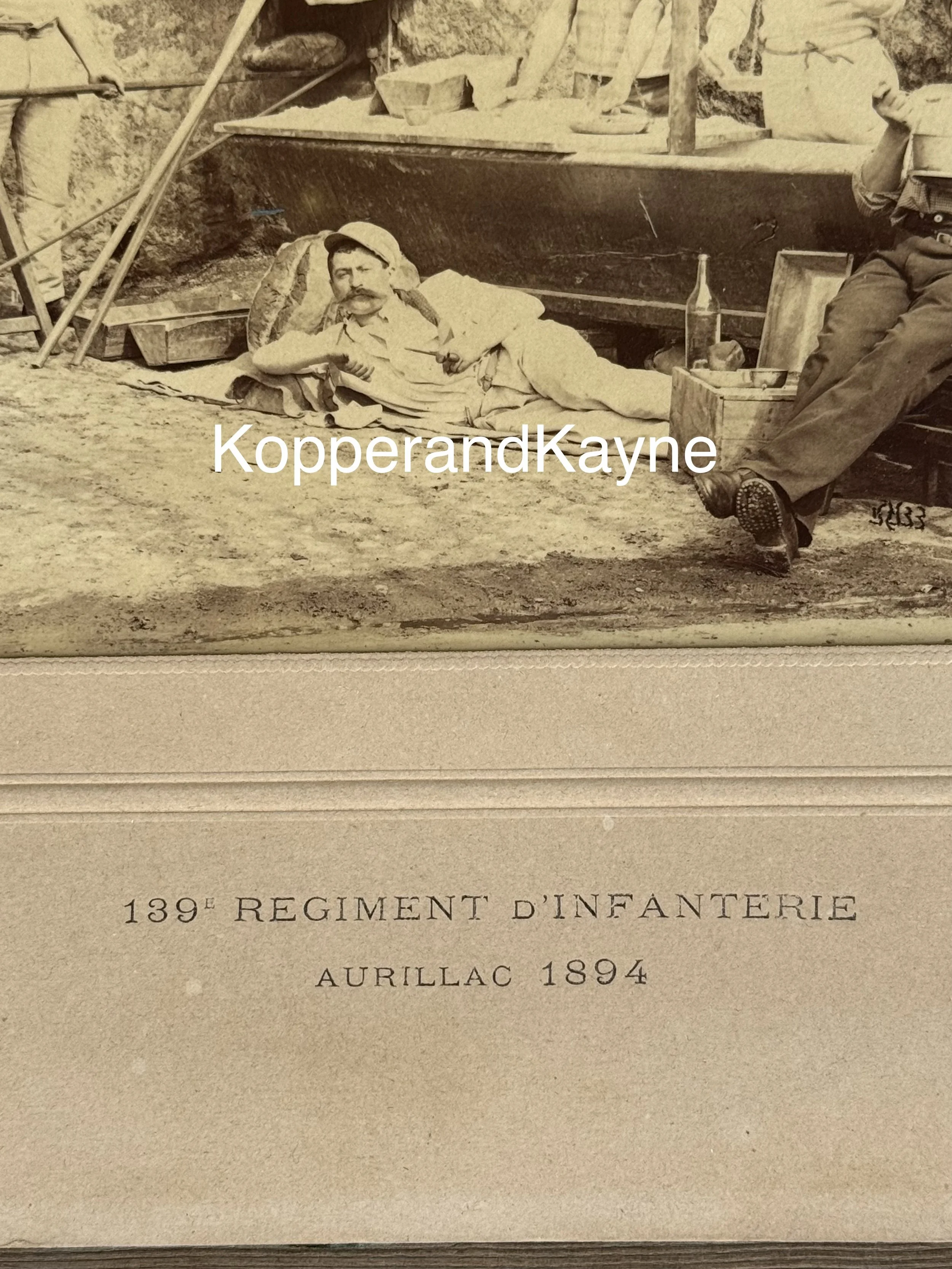 caption of 1894 Victorian photograph French Military Personnel Uniform outdoor baking bread image