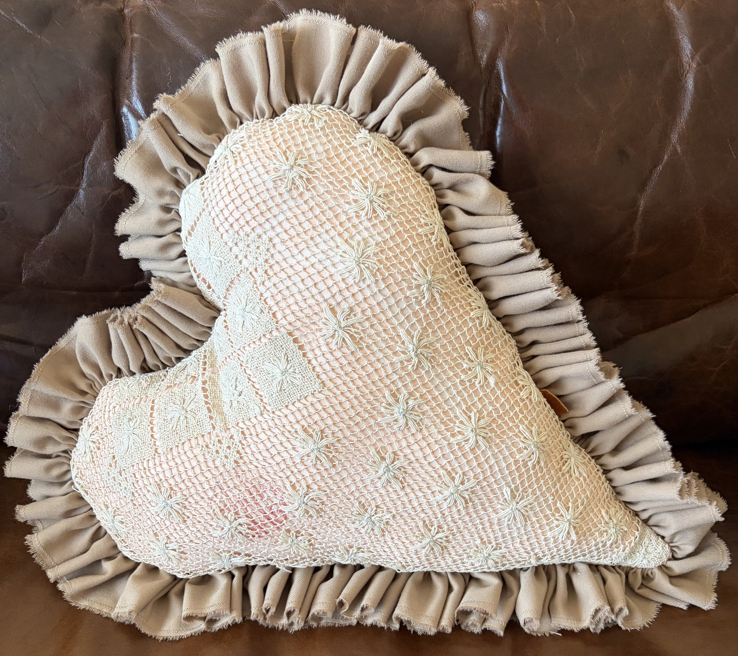 18" Valentine's Day Heart Throw Pillow Rustic Chic Decor Handmade Upcyled Antique Lace Vintage Peach Damask Linen Ruffled Edge Country Farmhouse
