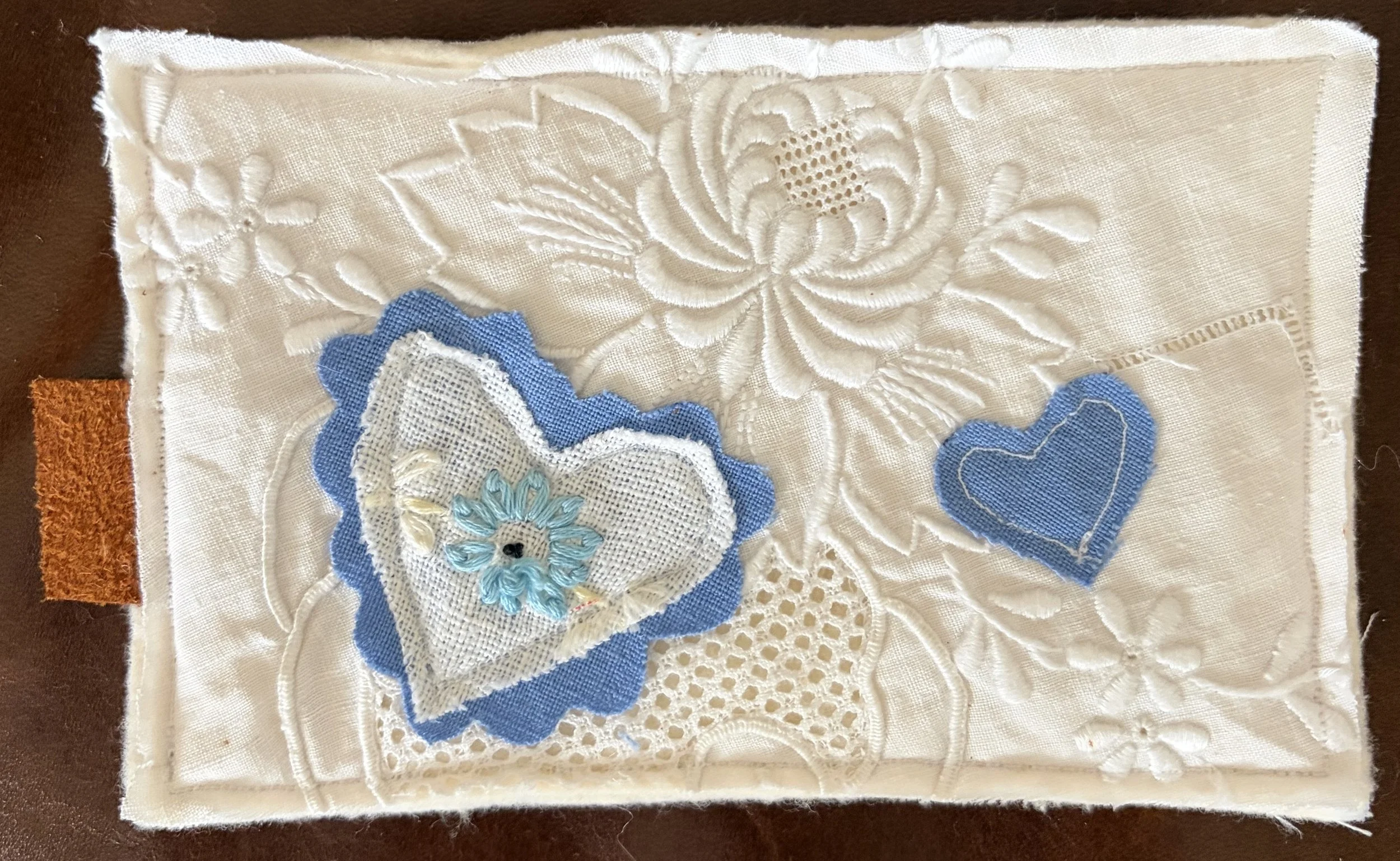 Valentine's Day Handmade Quilted Fabric Postcard Blue & Embroidered Hearts Love Letter Vintage Upcyled Fabrics Country Chic Charm