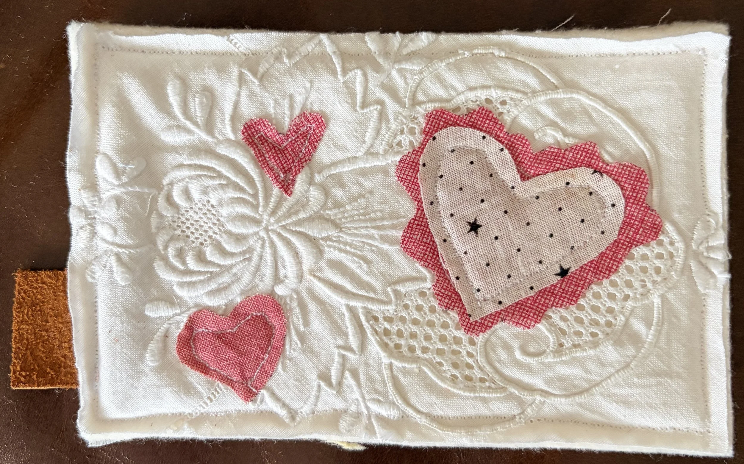 Romantic Valentine's Day Handmade Quilted Fabric Postcard Red Hearts Holiday Lovely Vintage Upcyled Fabrics Country Farmhouse Style