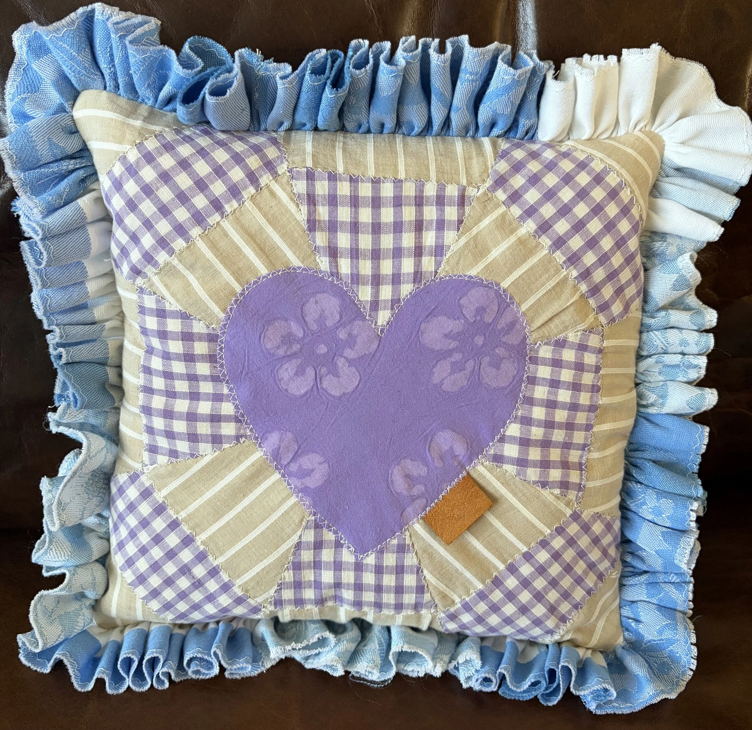 10" Square Valentine's Day Vintage Upcyled Purple Tan Heart Quilt Block Rustic Handmade Throw Pillow Ruffled Edge Cottage Chic Home Decor