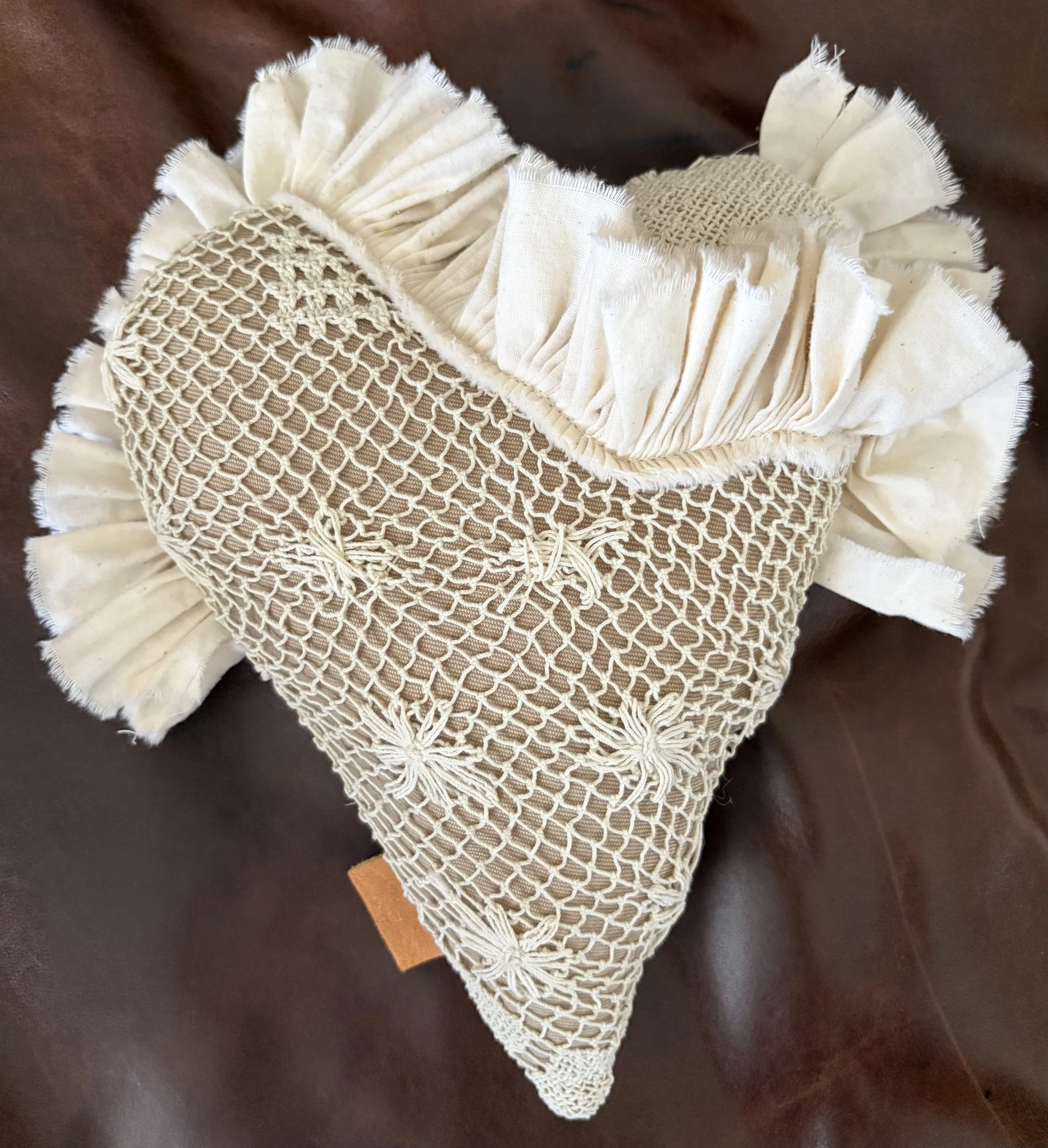 8" Rustic Accent Pillow Handmade Valentine's Day Heart Vintage Upcyled Woven Lace Tablecloth Cotton Ruffled Decoration