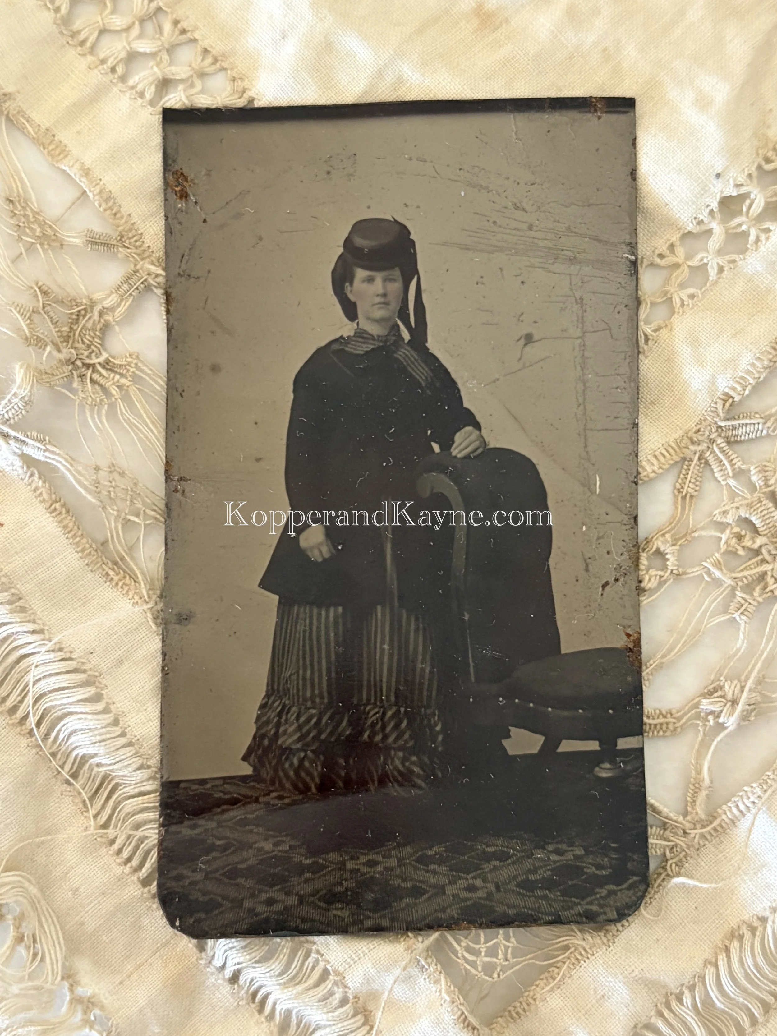 Antique Victorian Antique TinType Photograph Image Rosy Cheek Young Woman Standing by Chair with Hat on