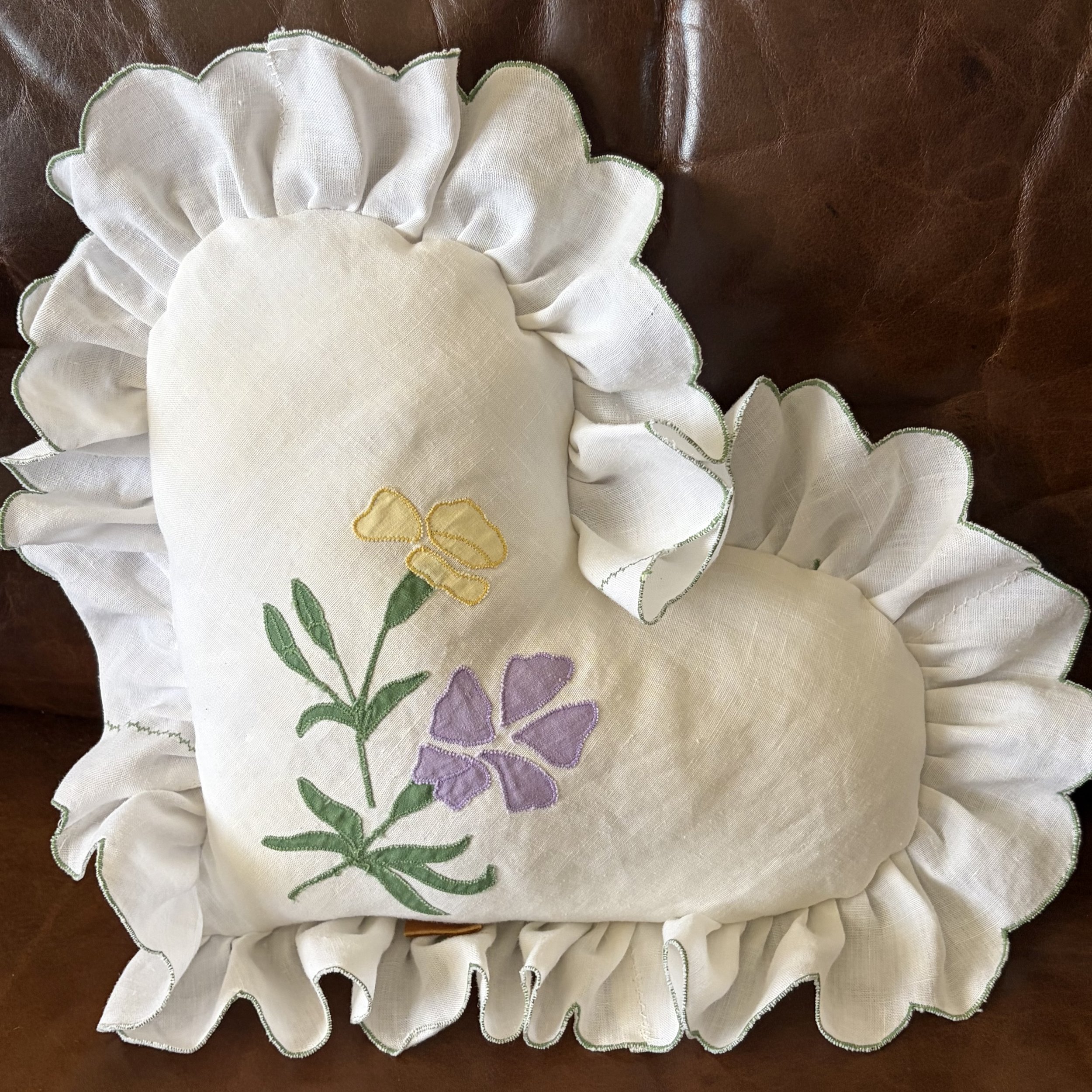 10" Valentine's Day Yellow Purple Applique Floral Heart Shabby Chic Home Decor Handmade Vintage Upcyled Linen & Cotton Accent Throw Pillow